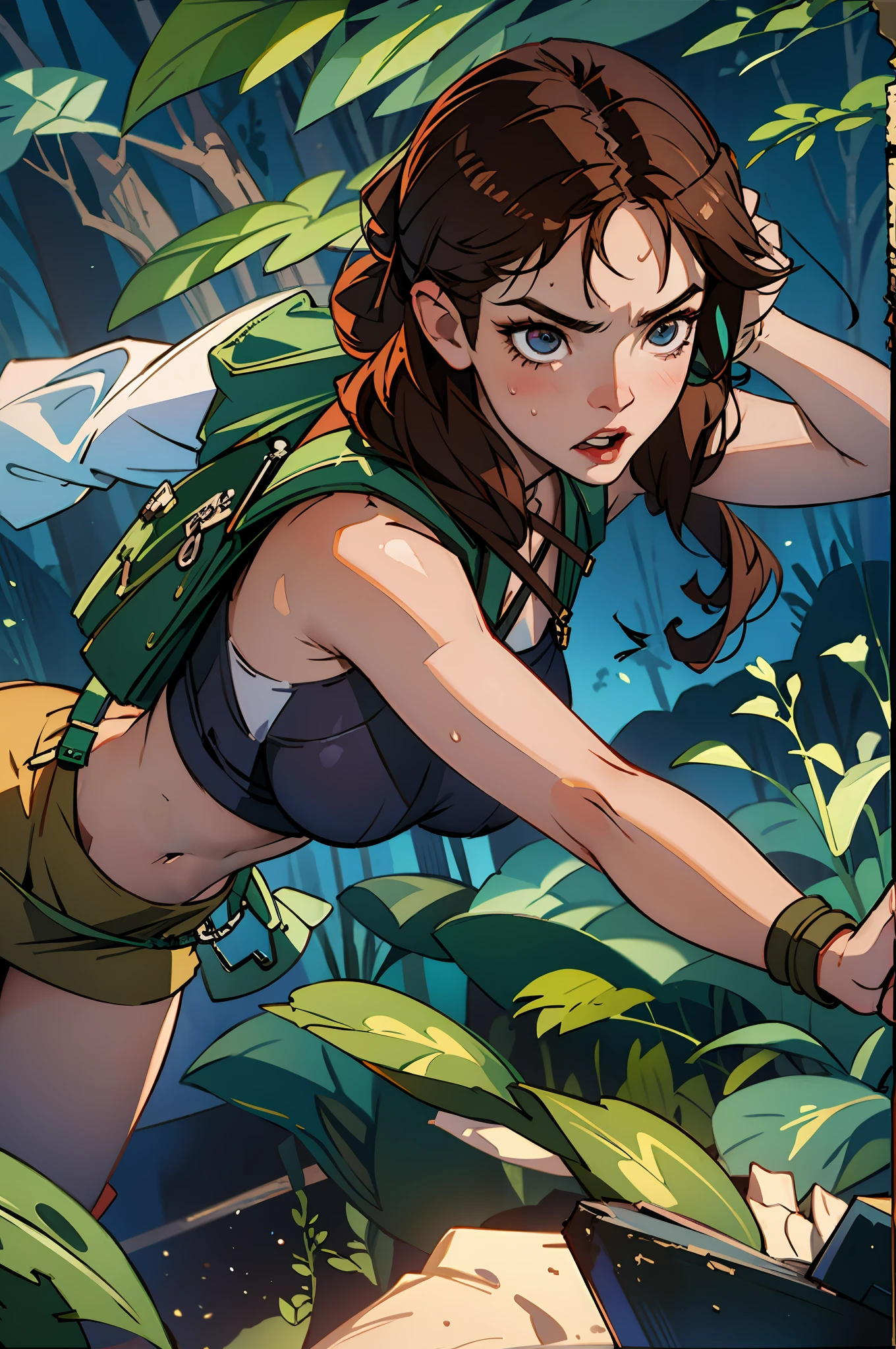 (best quality, masterpiece1.2), (detailed eye:1.2), intricate detail, depth of field, 1girl, jungle, crop top, angry, sweat, brownhair, exploration, embarrassed, backpack, tomb raider inspiration, (Lara Croft), gun strap to leg, action, dynamic, (fire), Bullets flying