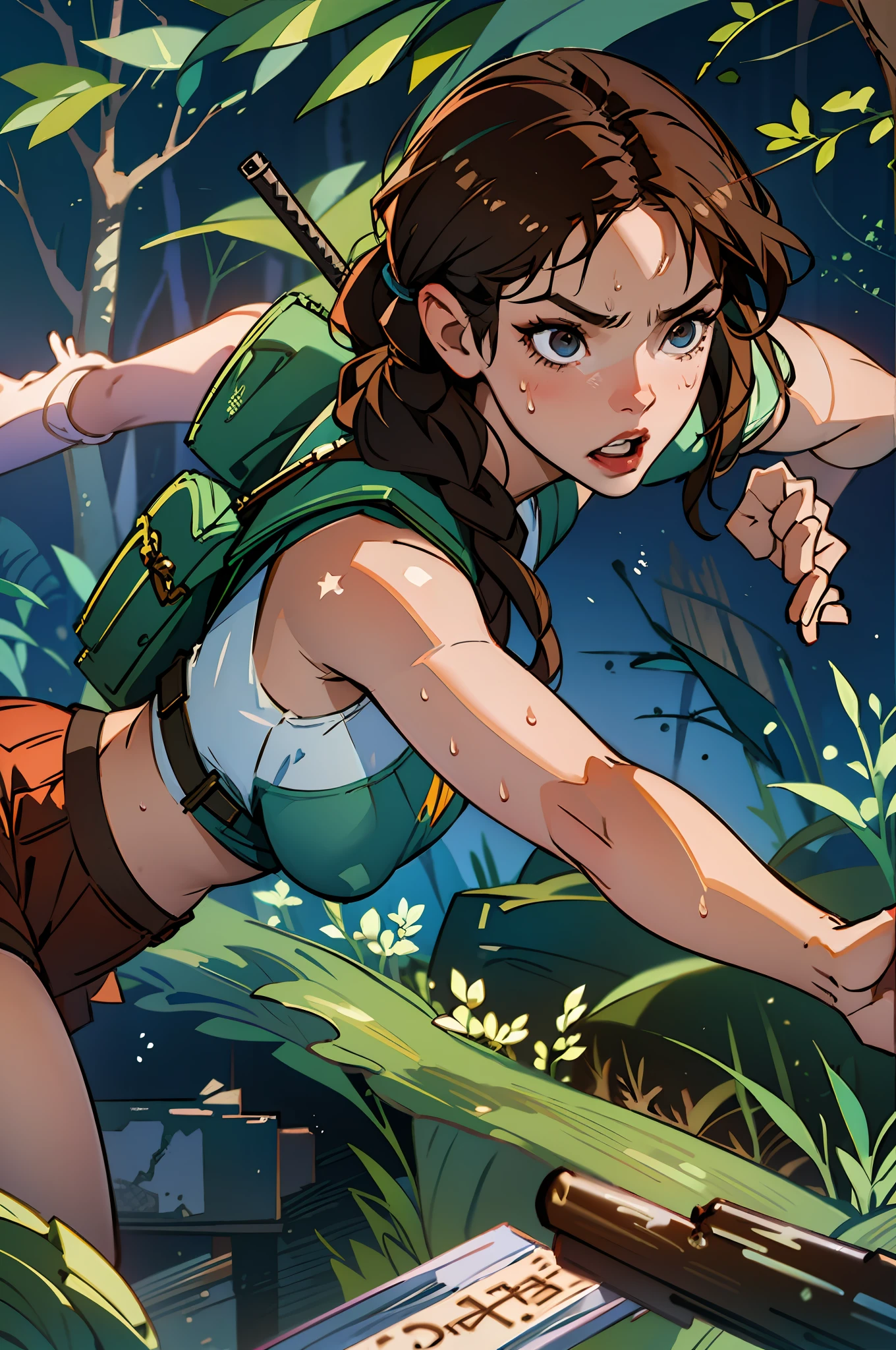 (best quality, masterpiece1.2), (detailed eye:1.2), intricate detail, depth of field, 1girl, jungle, crop top, angry, sweat, brownhair, exploration, embarrassed, backpack, tomb raider inspiration, (Lara Croft), gun strap to leg, action, dynamic, (fire), Bullets flying