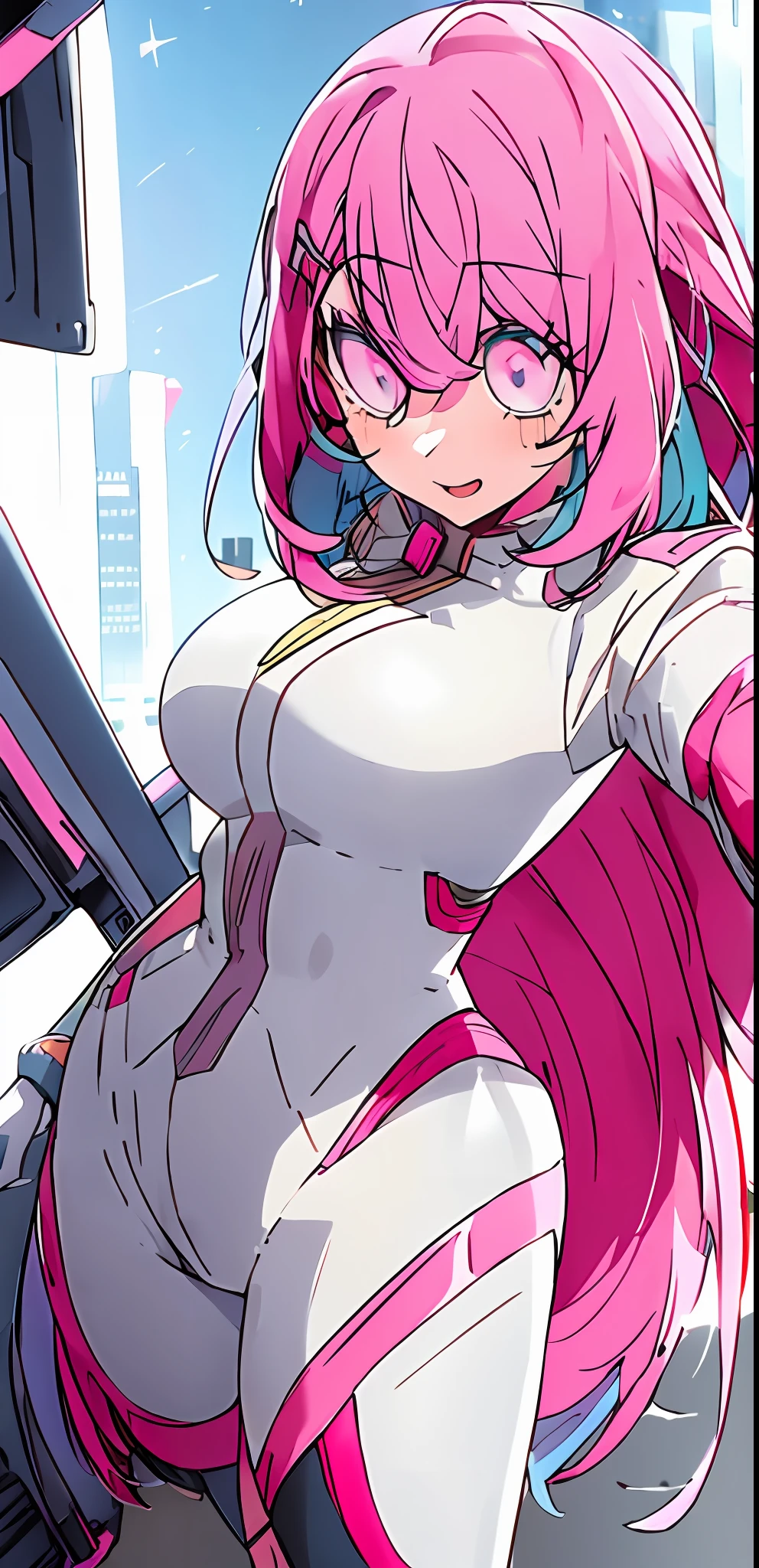 1girl, solo, my hero academia hero suit , bangs,happy,posing, multicolored hair, (masterpiece:1.2), highres, best quality, 8k, night city background, pink hero suit, white gloves, super hero tight suit, shooting star