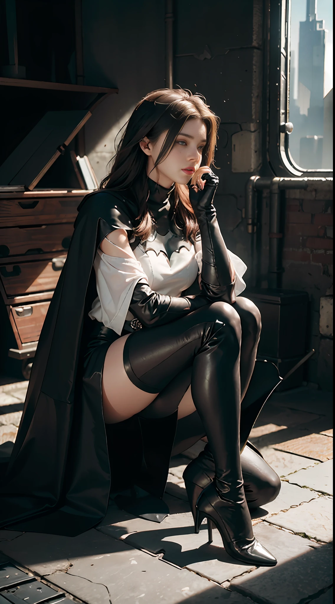 RAW, Masterpiece, Super Fine Photo,, Best Quality, Ultra High Resolution, Photorealistic, Sunlight, Full Body Portrait, Stunningly Beautiful, Dynamic Poses, Delicate Face, Vibrant Eyes, (Side View) , she is wearing a futuristic Batman costume, long skirt, turtleneck top, cape, Batman eye patch, lying on the ground with one hand, very detailed background, detailed face, detailed busy background, messy, gorgeous, milky white, High detailed skin, realistic skin detail, visible pores, sharp focus, volumetric fog, 8k uhd, dslr, high quality, film grain, fair skin, photorealism, lomography, massive in a futuristic dystopia metropolis, view from below, translucent