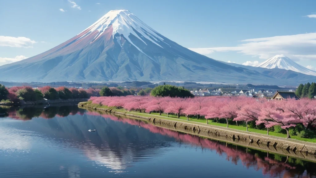 Stunning masterpiece with ultra-detailed CG and best quality, portraying majestic Mount Fuji, delightful cherry blossoms, and flying whales mirrored in the clear, tranquil water surface.