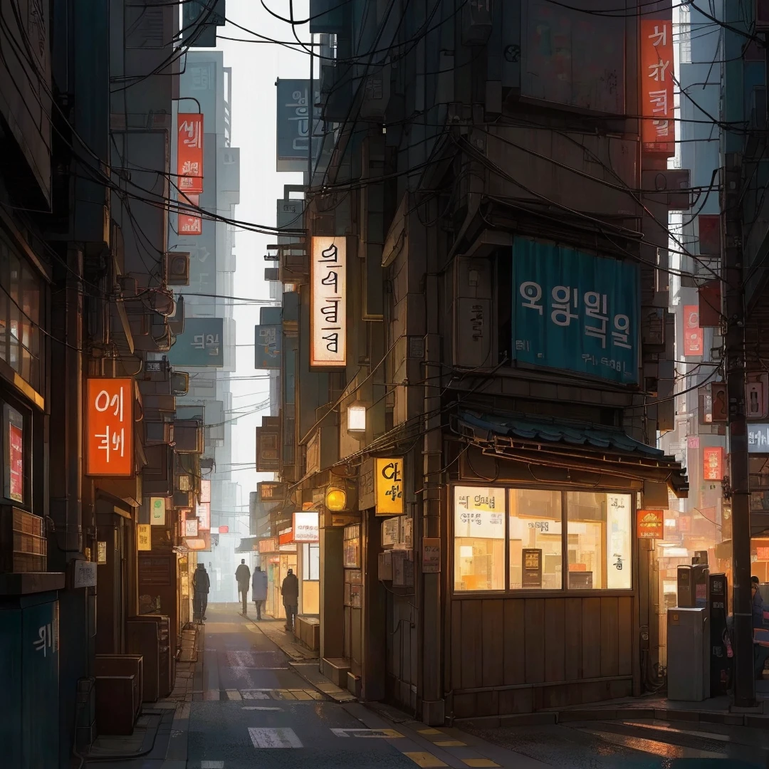 lonely narrow ally in Seoul, cyberpunk city from sci-fi movie, empty street, night, Korean, Korean signs, old shops, cozy, circuit boards, wires, intricate, hyper-detailed, realistic, ultra-realistic, high quality, best, ultra detail, crazy detail, extremely detailed, photo realism, 8k