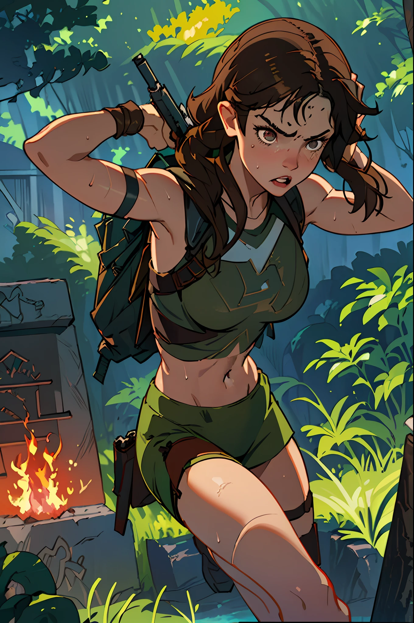 (best quality, masterpiece1.2), (detailed eye:1.2), complex detail, depth of field, 1girl, jungle, crop top, angry, sweat, brownhair, exploration, embarrassed, backpack, (tomb raider: 1.2), (Lara Croft: 1.2), gun strap to leg, action, dynamic, (big fire), Bullets flying, temple