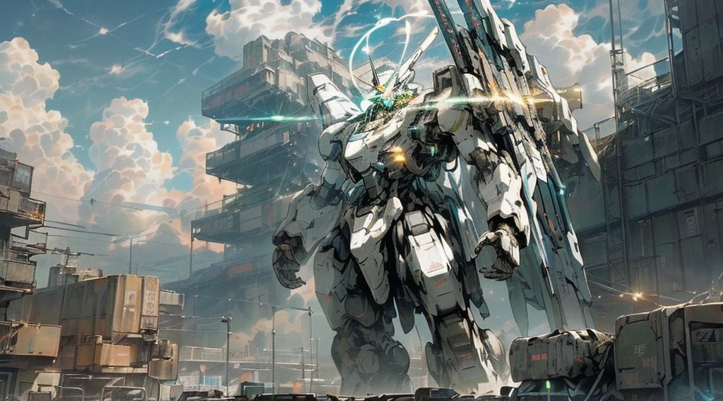 (((Science fiction city)), ((Robot stationing)), ((no_humans)), ((Sky)) and ((Cloud)) intertwined, ((Glow)) radiant, ambitious ((Mecha)) holding ((holding_weapon)) to ((Unknown Building)), ((glowing_eyes)) radiating light, as if he were the god of ((City)) full of ((Reality)) and ((Science Fiction)) atmosphere.