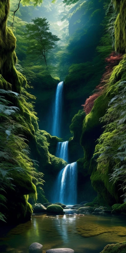 a close up of a waterfall in a forest with a rock in the foreground, stunning waterfall, forest and waterfall, beautiful stunning waterfall, alien waterfall, an endless waterfall, peaceful beautiful waterfall, vertical wallpaper, floating waterfalls, 4k vertical wallpaper, with trees and waterfalls, 4 k vertical wallpaper, multiple waterfalls, beautiful waterfall, 8 k vertical wallpaper, 8k vertical wallpaper