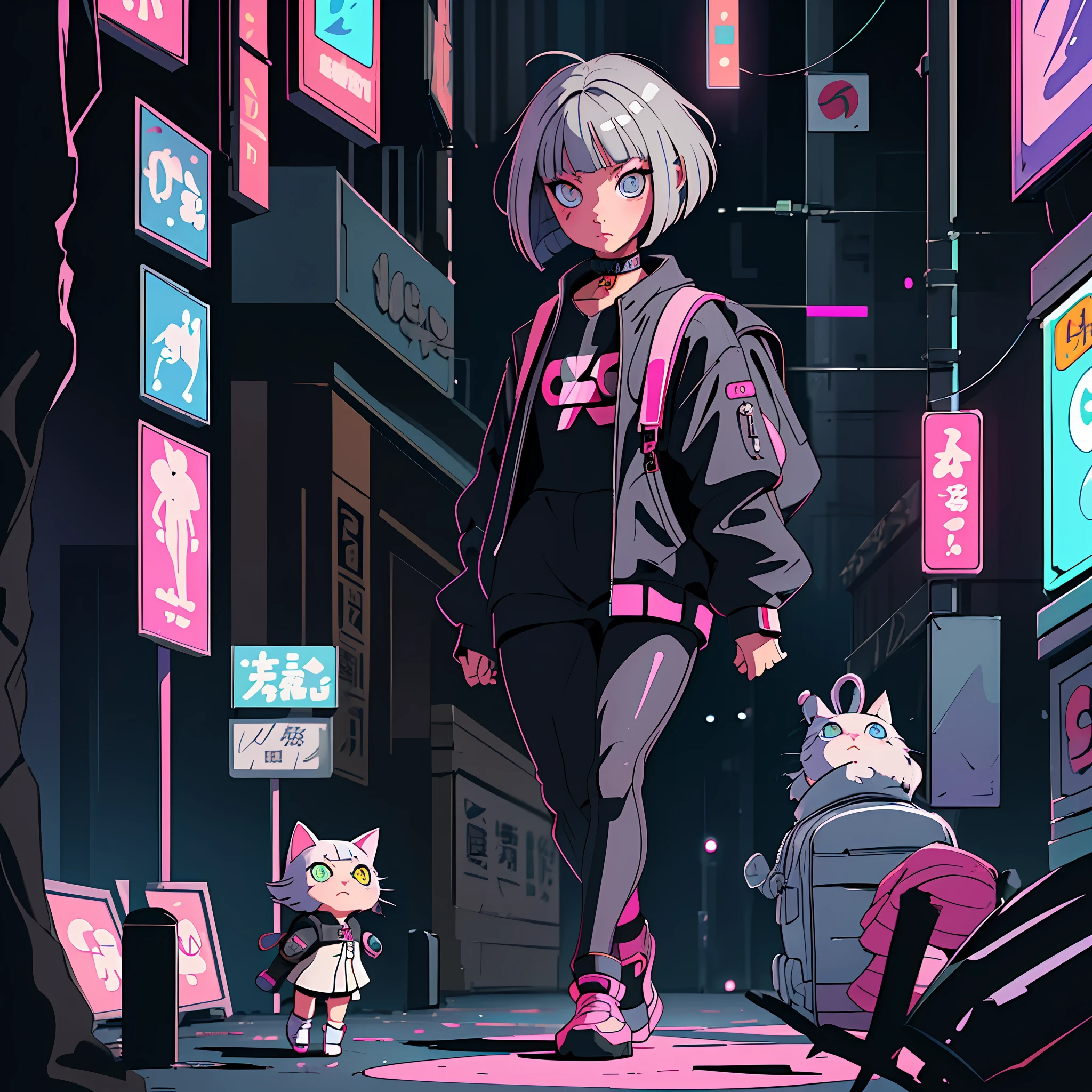 (best quality, masterpiece) Cute little chibi girl cat in a technological suit walking with a backpack, gray hair, bob haircut, in the background one huge neon sign with hieroglyphs, looking at the viewer, cyberpunk, night, illustration