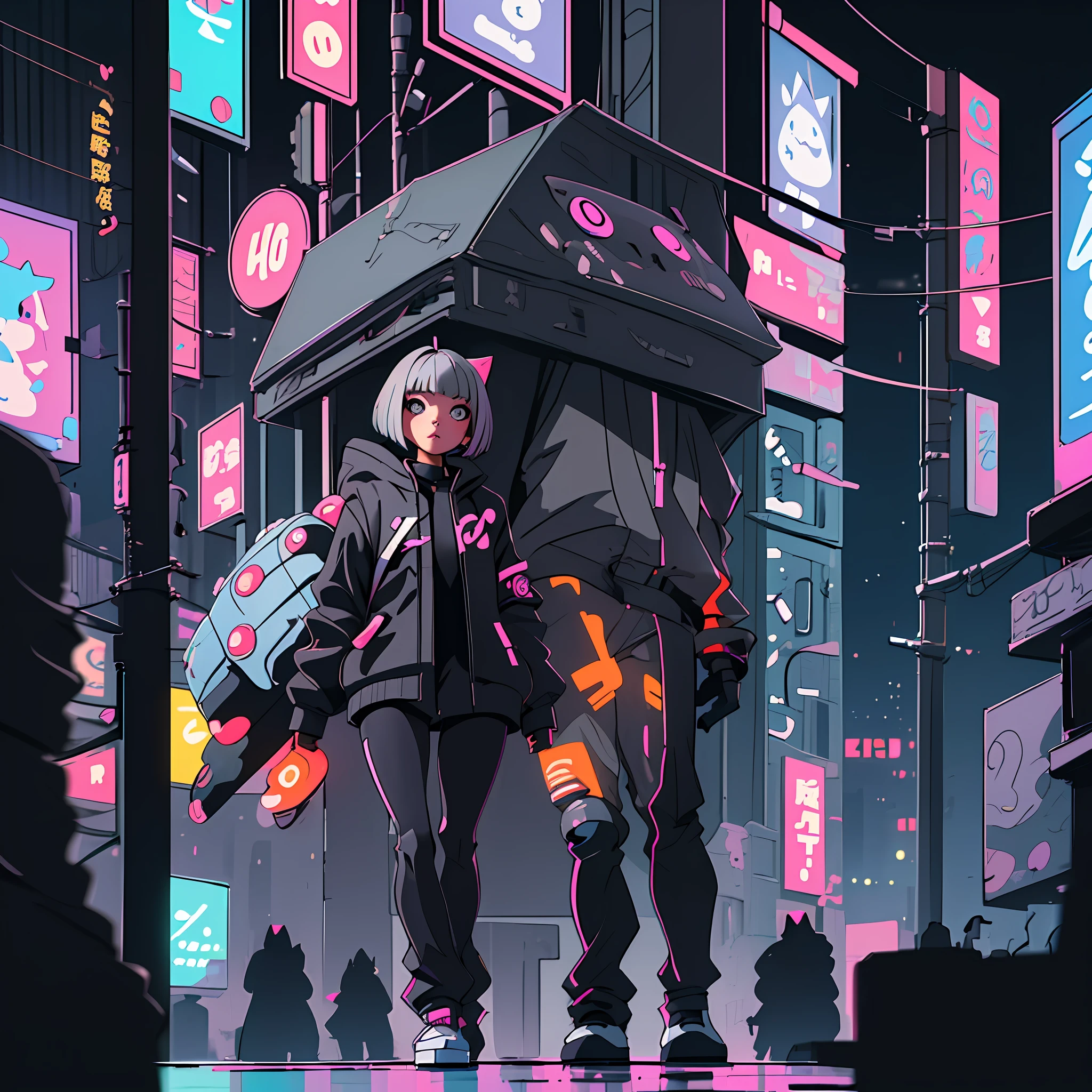 (best quality, masterpiece) Cute little chibi girl cat in a technological suit walking with a backpack, gray hair, bob haircut, in the background one huge neon sign with hieroglyphs, looking at the viewer, cyberpunk, night, illustration