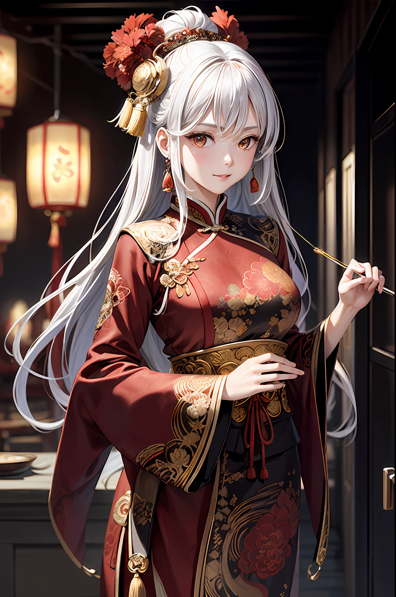 (Masterpiece, best quality: 1.2), 1girl, solo, digital art, intricate details, delicate patterns, cinematic lighting, professional artwork, crimson deity poster, red flame and black swirl, a beautiful girl, illustration, traditional Chinese costume jewelry, anime style, acrylic oil painting, light white and light silver, gold, flame, tindal light, smoke, exquisite clothing, traditional clothing, eye-catching details, best quality. --AR 9:16--niji 5 --Style expression