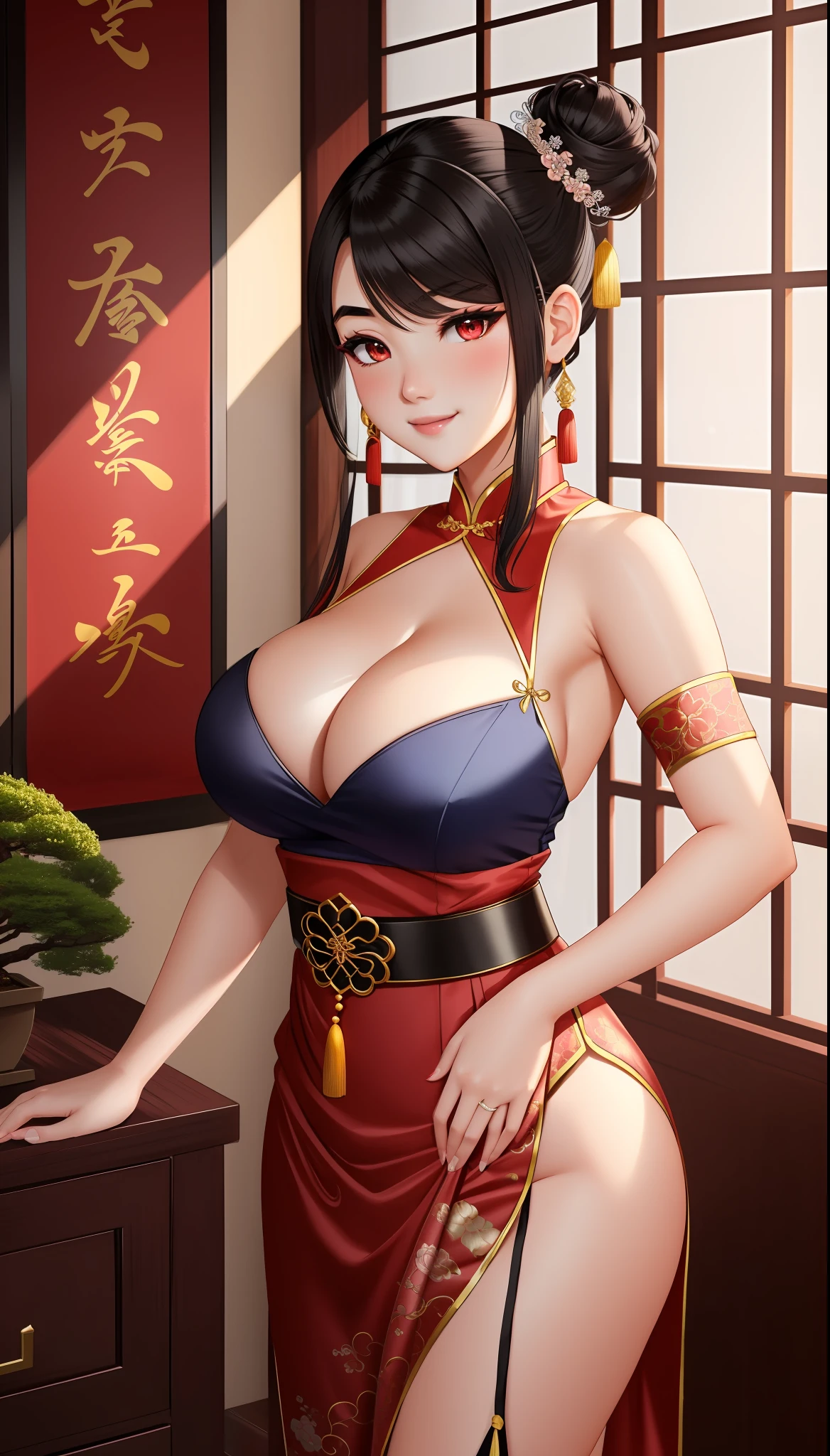 Volumetric Lighting, Best Shadows, Shallow Depth of Field, Portrait Of Stunningly Beautiful Girl, Delicate Beautiful Attractive Face With Alluring Red Eyes, Sharp Eyebrows, Seductive Smiling, Closed Mouth, Lovely Medium Breasts, Layered Medium Twintail Black Hair, Double Hair Bun, Blush Eyeshadow, Chinese Traditional Dress, SideBoobs, Side Slit, Tassel Belt, Pelvic Curtain, Wide Hips, Bridal Gauntlets, Chinese Architecture Style Interior, Night Sky, Lattice Round Window, Antique Folding Screen, Bonsai Trees, Flowers, Standing, (Highest Quality, Amazing Details:1.25), (Solo:1.3), Brilliant Colorful Paintings, skirtlift,