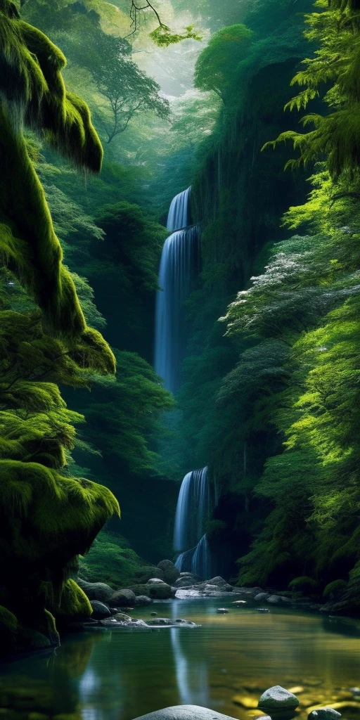a close up of a waterfall in a forest with a rock in the foreground, stunning waterfall, forest and waterfall, beautiful stunning waterfall, alien waterfall, an endless waterfall, peaceful beautiful waterfall, vertical wallpaper, floating waterfalls, 4k vertical wallpaper, with trees and waterfalls, 4 k vertical wallpaper, multiple waterfalls, beautiful waterfall, 8 k vertical wallpaper, 8k vertical wallpaper