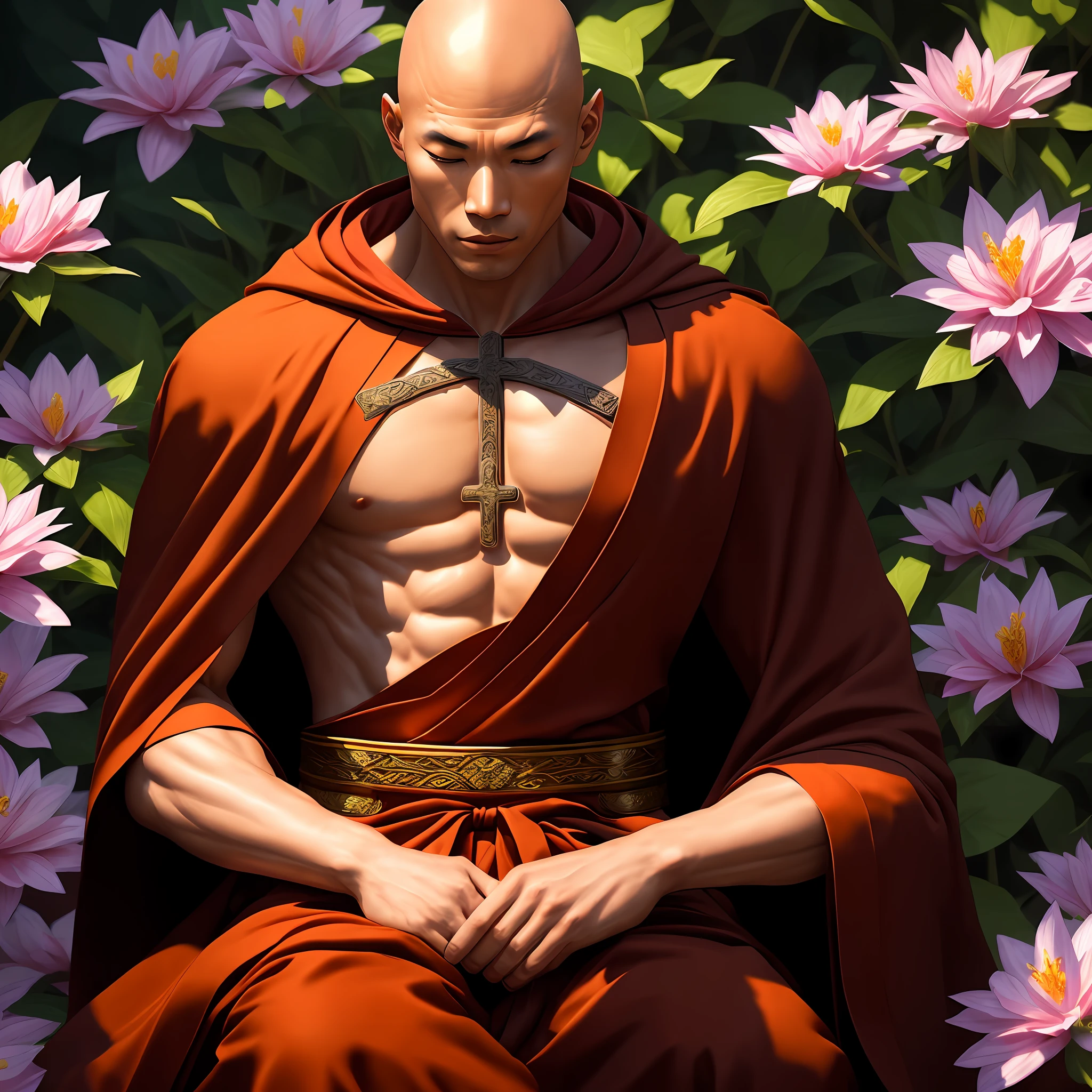 Muscular bald Asian monk sits cross-legged in an patch of flowers with his eyes closed in deep meditation wearing a hood and cape, his stoic expression remains unbroken, (extremely detailed CG), ((Realistic Shadows:1.2)), ((Realistic Lighting:1.1)), [Highest quality], (8K:1.1), ultra-detailed, ((perfect shadows)), best illumination, best shading, (masterpiece), (best quality:1.0), (ultra highres:1.0), well drawn body, (subject in focal point)