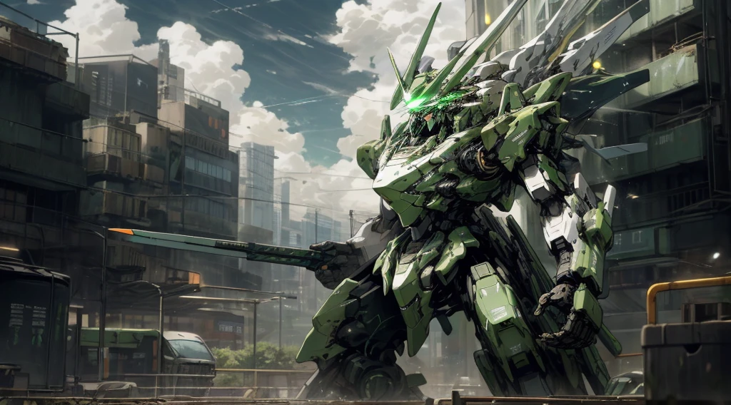 Sky, Clouds, holding_weapon, no_humans, Glow, Robot, Architecture, glowing_eyes, Green Mecha, Science Fiction, City, Reality, Green Mecha
