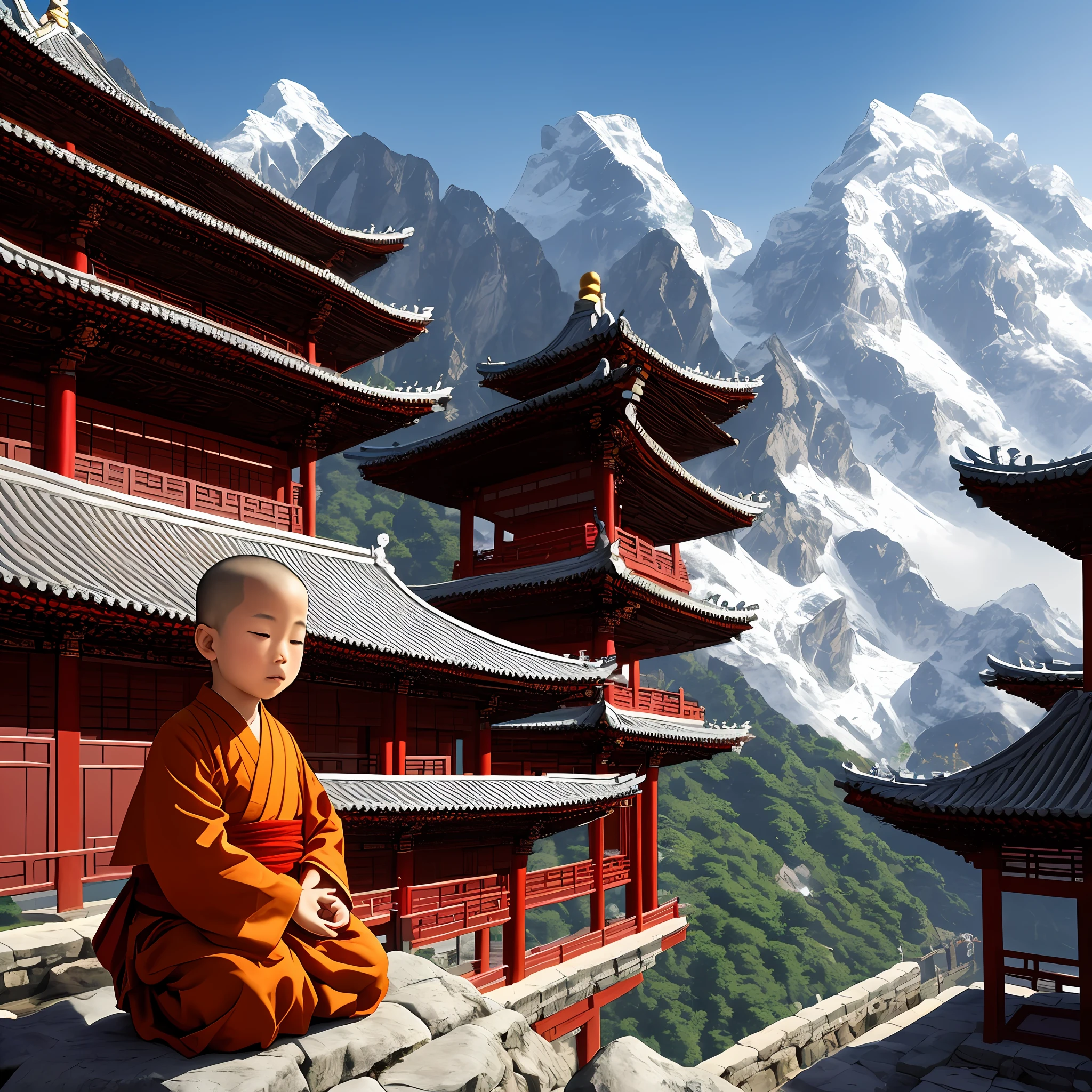  monk meditating, temple chinese, ultrarealistic, montains chinese