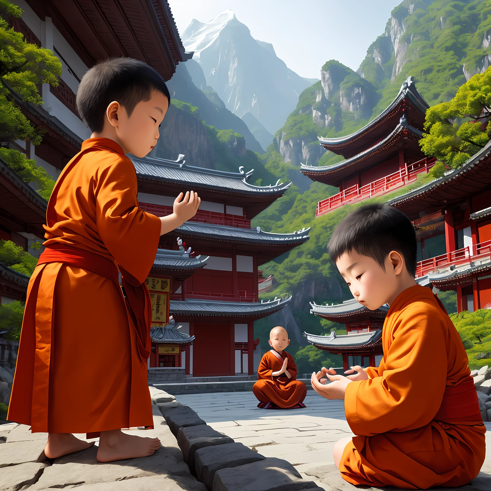 Children monk meditating, temple chinese, ultrarealistic, montains chinese