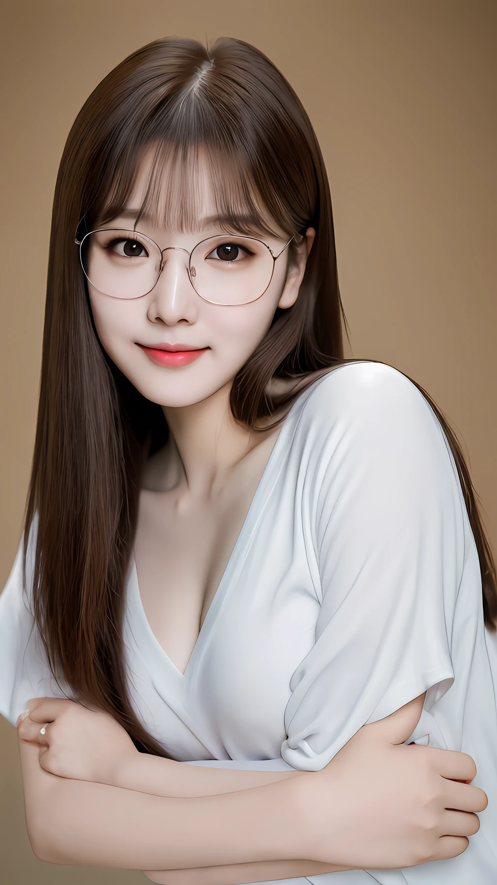 realistic photos of cute Korean star female, straight hair, thin makeup, bespectacled, medium breasts size, slightly smile, v-neck shirt, hug a puppy, clear facial features, masterpiece, 16K high resolution, sharp and realistic details, super details, blending, sparkle