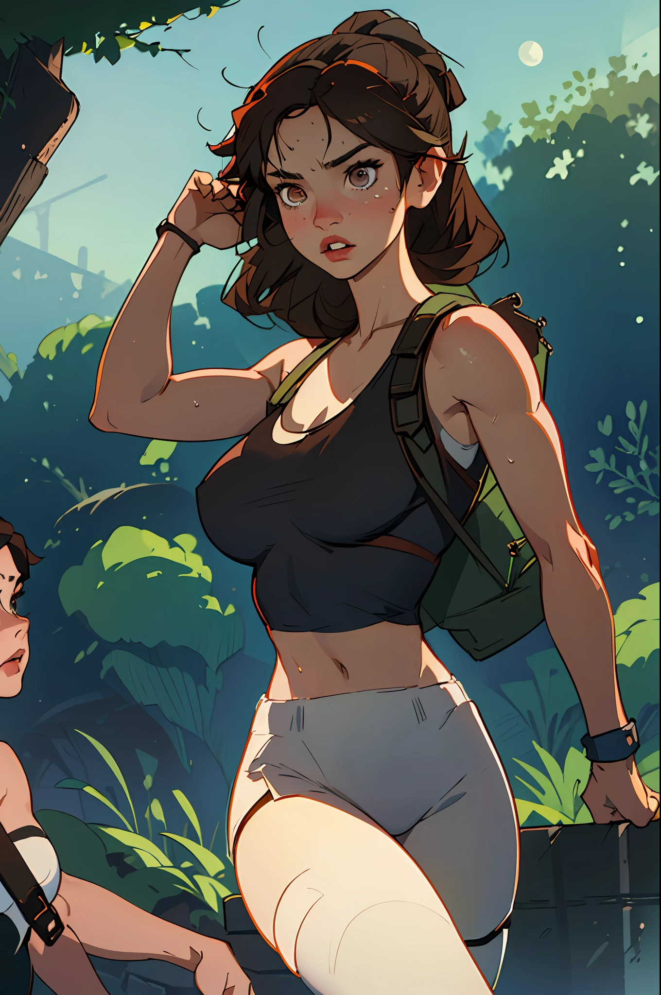 (best quality, masterpiece1.2), (detailed eye:1.2), complex detail, depth of field, 1girl, jungle, crop top, sweat, brown hair, exploration, good proportion, curvy, night, moon, backpack, (tomb raider: 1.2), (Lara Croft: 1.2), gun strap to leg, action, dynamic, (big fire), Bullets flying, temple, cameltoe, tight tank top