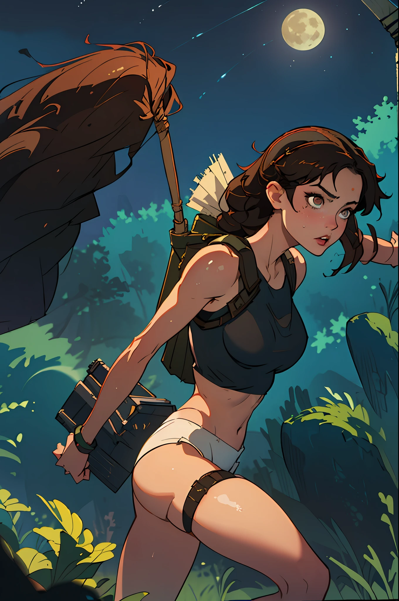 (best quality, masterpiece1.2), (detailed eye:1.2), complex detail, depth of field, 1girl, jungle, crop top, sweat, brown hair, exploration, good proportion, curvy, night, moon, backpack, (tomb raider: 1.2), (Lara Croft: 1.2), gun strap to leg, action, dynamic, (big fire), Bullets flying, temple, cameltoe, tight tank top