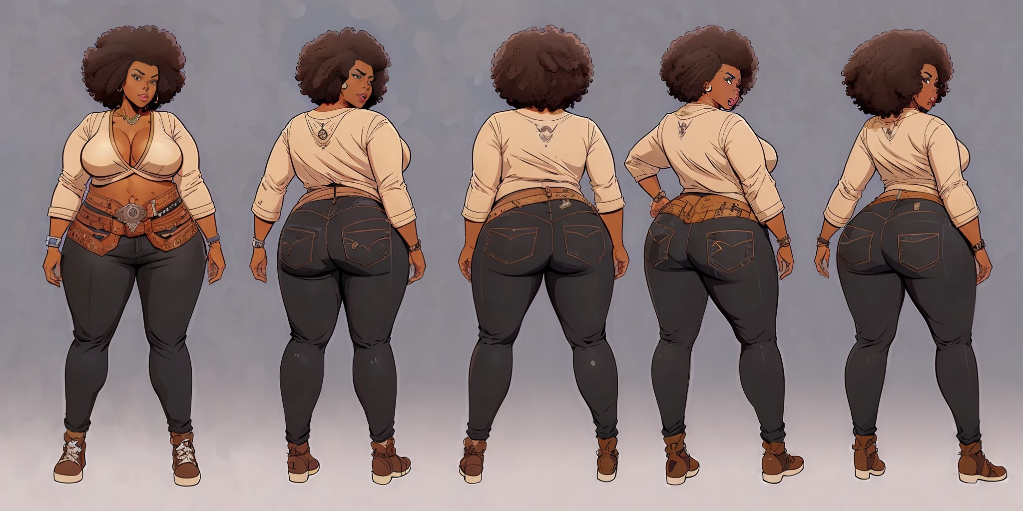 Twist, sketches of an overweight woman, realistic, adult woman, (((face with afro features)))), ((brown skin)), wide hips, wide back, wearing light jeans, ((street art style)), ripped jeans, leather sandals, punk style blouse, highlighted dark hair, (((long hair)), localized fat, ((((wide waist)))), (front pose), (left side pose), (right side pose), (back pose), (kneeling pose),  high quality character design, character design art, artstation art, highly detailed character design, comic book drawing concept art, comic art, character design, professional character design, character design concept art, concept art illustration, colorful concept art, character concept art, stylized character design,  [character design]
