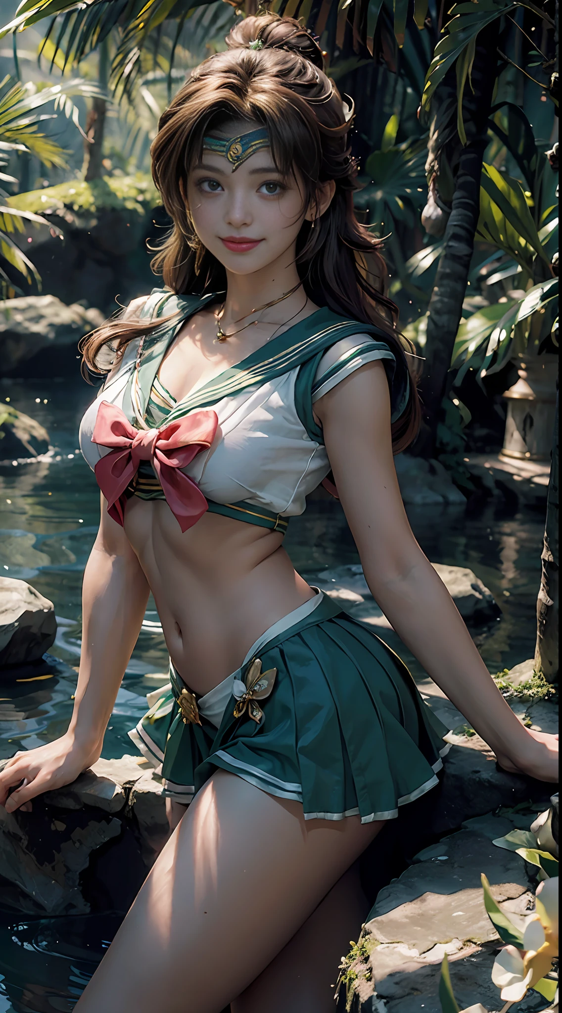 ((Sailor Jupiter Sailor Jupiter: 5)) Best Quality, Ultra High Resolution, Masterpiece, (Realisticity: 1.6), 16K, (1girl with open navel), rainforest, flowers, smile.