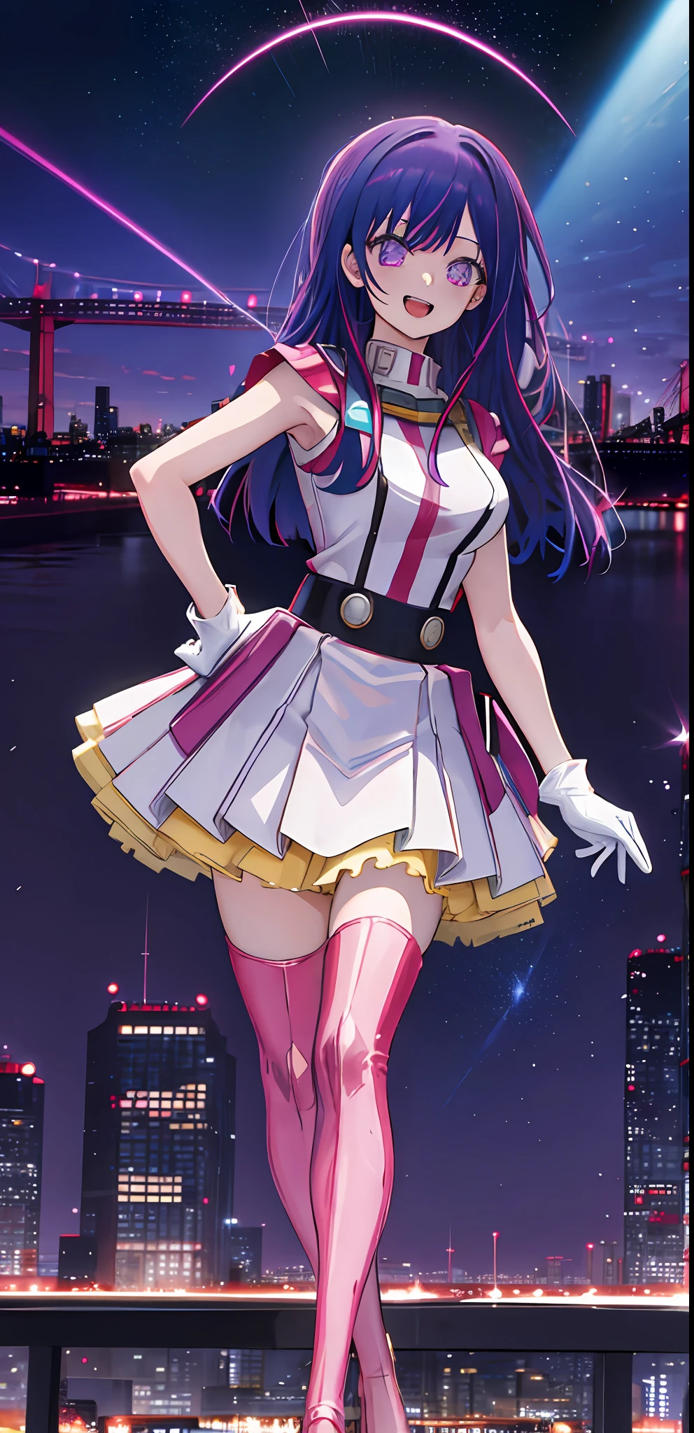 1girl, solo, my hero academia hero suit , bangs,happy,posing, multicolored hair, (masterpiece:1.2), highres, best quality, 8k, night city background, purple hero suit, white gloves, super hero tight suit, shooting star