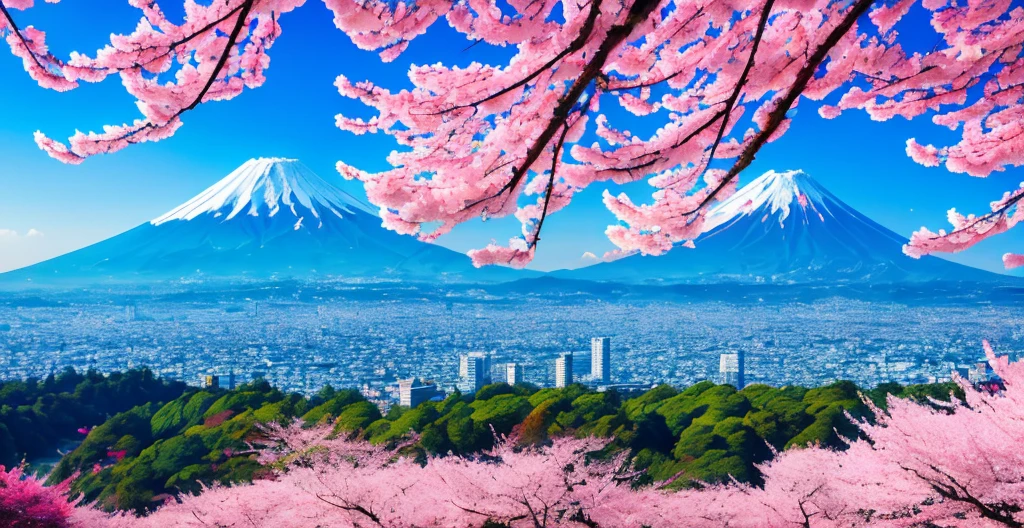 A picturesque view of Mount Fuji, adorned with delicate and lush cherry blossoms, standing tall and proud, untouched by human presence.(summertime, serene atmosphere, picturesque scenery), tranquil beach, (deserted and peaceful setting), clear blue waters, gorgeous coast, (idyllic and serene view).