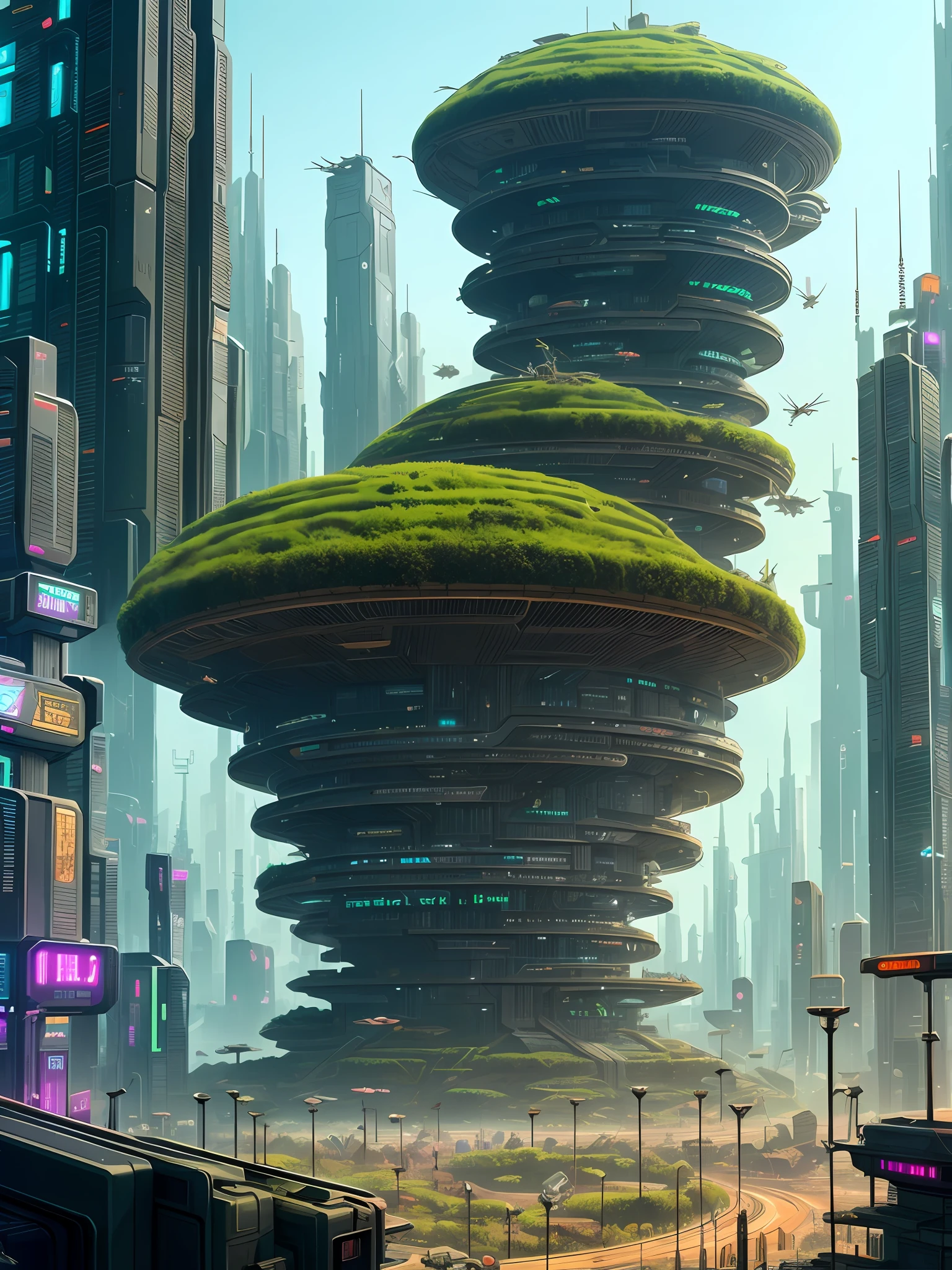 a cyberpunk city in the shape of an anthill with furturistic ants