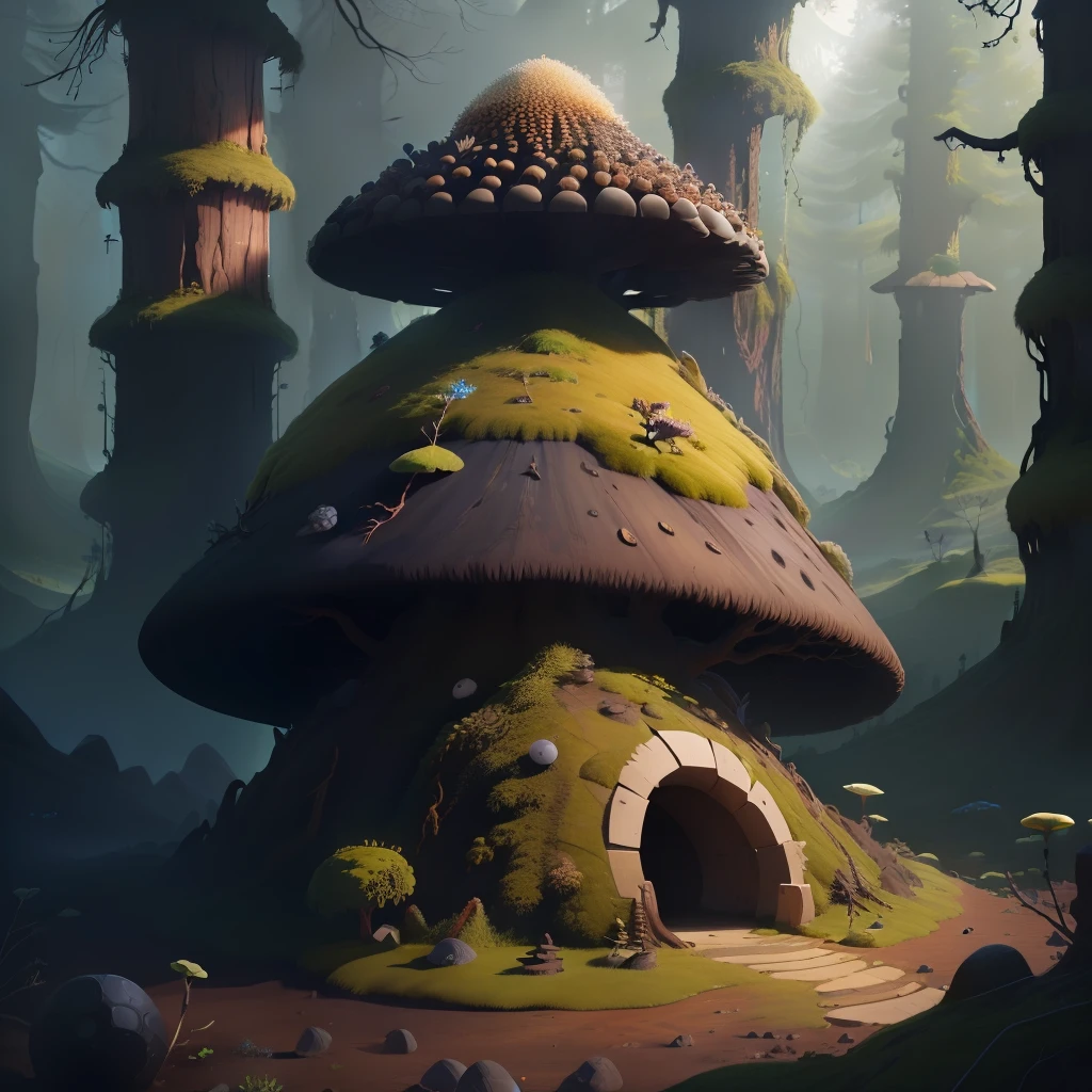 Anthill with a round cone shape, covered in obsidian and fungi and moss, hype realistic, 4k, 1:1