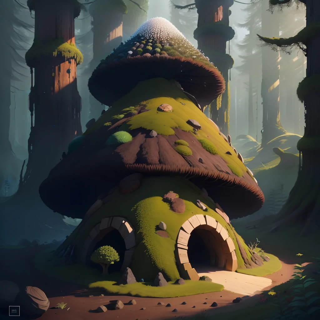 Anthill with a round cone shape, covered in obsidian and fungi and moss, hype realistic, 4k, 1:1
