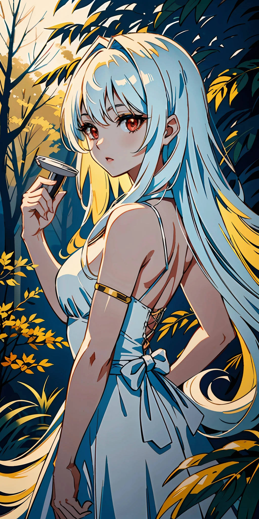 A stunning girl with long white hair, fair skin, and ((red eyes)), in a forest with cinematic film lighting, dark and low-lit. She is wearing a white dress with golden hues, her eyes focused, looking at the viewer. Her skin is fair, her face delicate and flawless, a masterpiece, a work of art of the highest quality. The image is an incredibly detailed 8K CG wallpaper, with artistic cinematic lighting and film-like tones with a neutral filter.