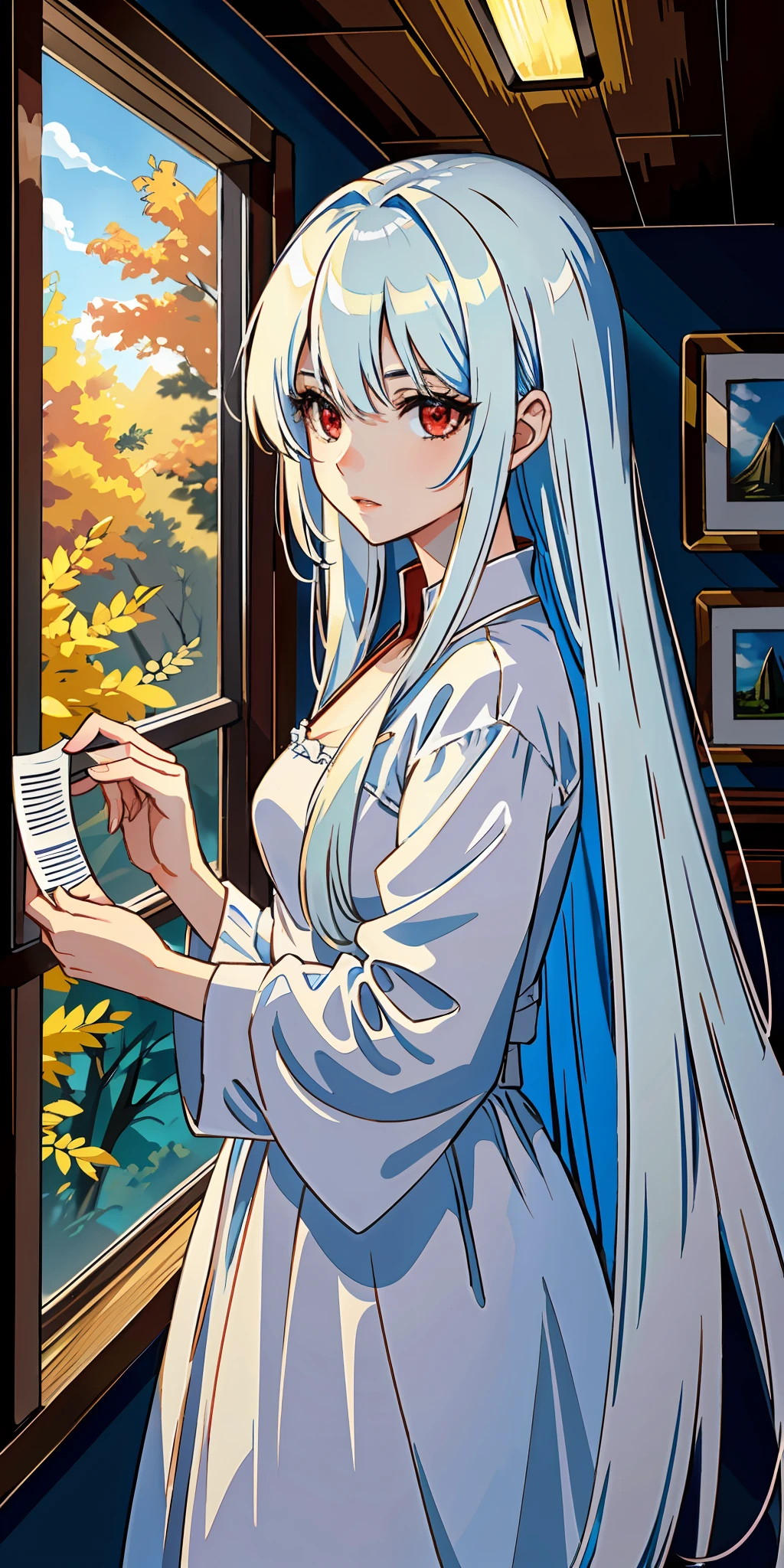 A stunning girl with long white hair, fair skin, and ((red eyes)), in a forest with cinematic film lighting, dark and low-lit. She is wearing a white dress with golden hues, her eyes focused, looking at the viewer. Her skin is fair, her face delicate and flawless, a masterpiece, a work of art of the highest quality. The image is an incredibly detailed 8K CG wallpaper, with artistic cinematic lighting and film-like tones with a neutral filter.