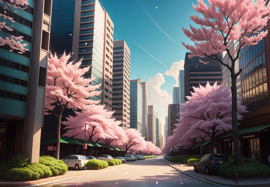 Scenery , Sakura Tree , City , Sakura Leaves Floating  , Spring , Dream
