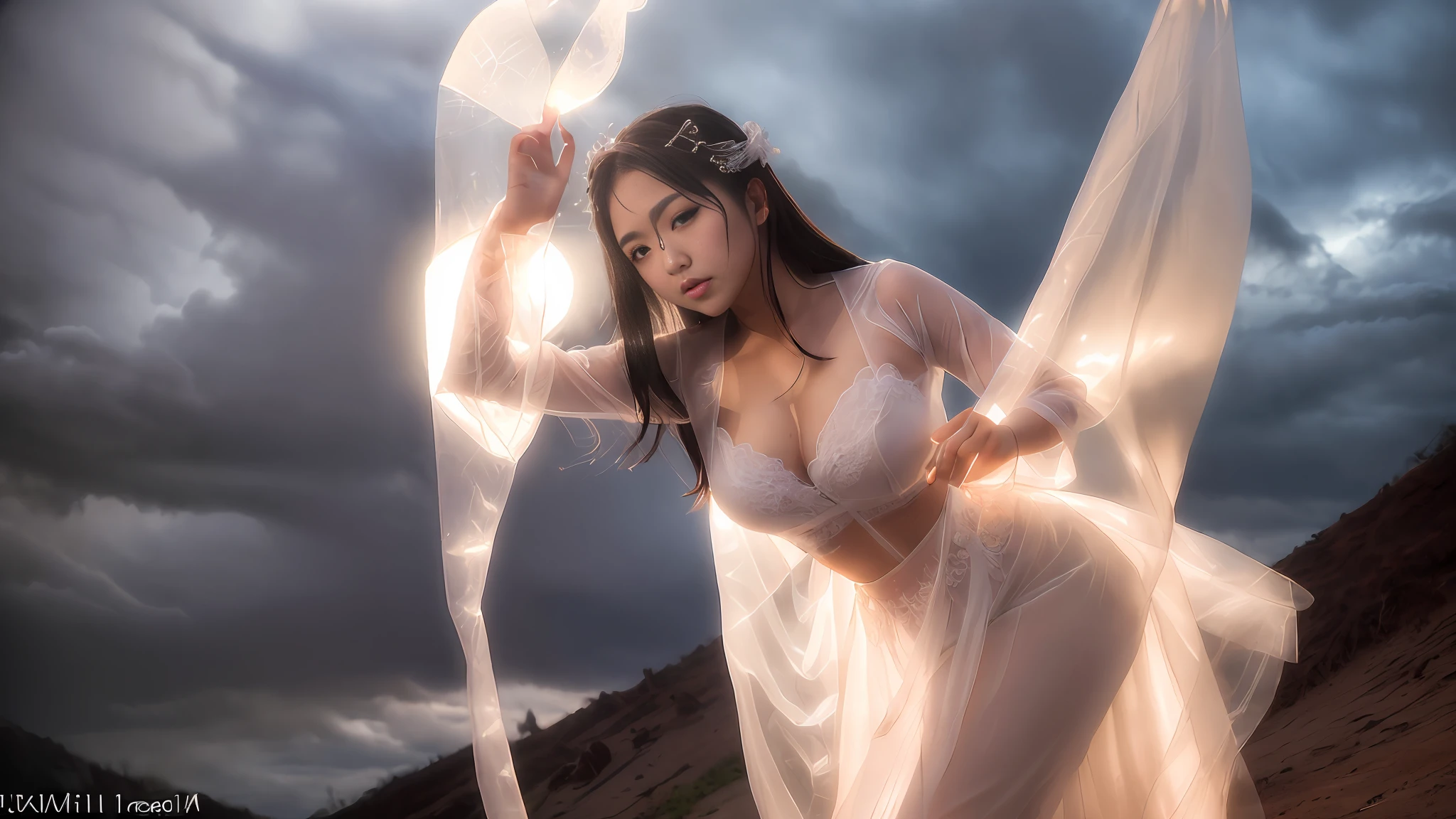Beautiful 22 year old asian woman in white transparent lace nightgown dress,
foreshortening, white transparent lace skirt, upskirt, black lingerie ,bare feet, dramatic lighting, highest quality, movie stills, (delicate face, big eyes, mature, very beautiful, big saggy breasts, (torn skirt), perfect face, looking at viewer, (skin details), [muscle], ((dirty)), (mud), (storm clouds: 0.7), (sunny: 0.6), dark, natural light, (direct light: 0.4), 8mm film grain, Sony a9 II, 24mm lens, F/2.8 aperture, deep focus, (original), 8k, (sfw:1.5)
