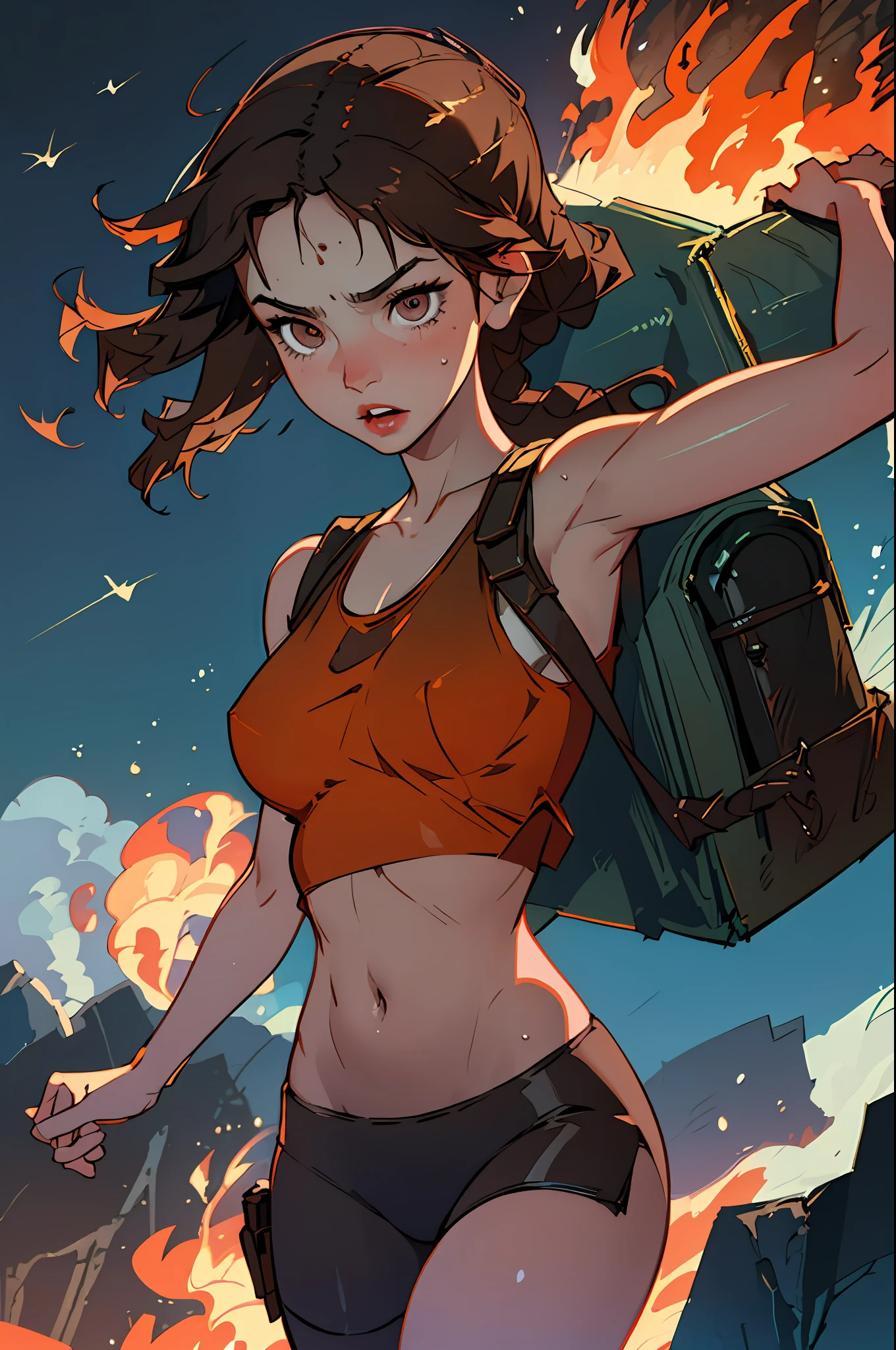 (best quality, masterpiece1.2), (detailed eye:1.2), complex detail, depth of field, 1girl, jungle, crop top, sweat, brown hair, exploration, good proportion, curvy, night, moon, backpack, (tomb raider: 1.2), (Lara Croft: 1.2), gun strap to leg, action, dynamic, (big fire), Bullets flying, temple, cameltoe, tight tank top, (ripped clothes)