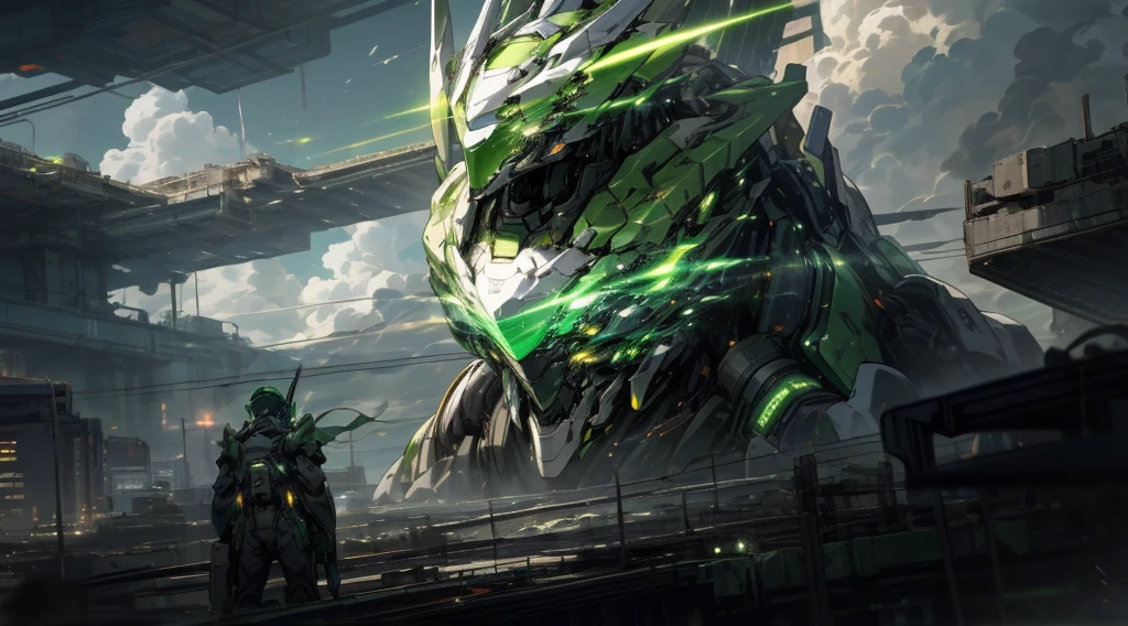 In the vast sky, thick clouds cover the whole picture. A mechanical lifeform holding a weapon, its body in a glowing state, shining green, shuttles between the city's high-rise buildings. Its eyes also glow green. The whole picture not only shows the concept of science fiction, but also incorporates some sense of reality, giving people a shocking visual impact.