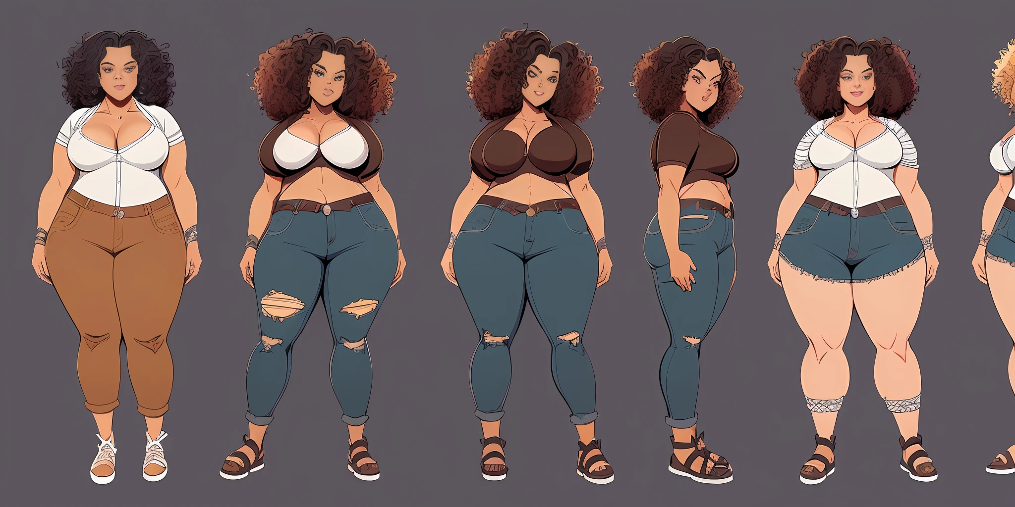 sketches of an overweight woman, (((obsessive woman)))), smiling, ((brown skin)), wide hips, wide back, wearing light jeans, ((street art style)), ripped jeans and leather sandals, highlighted dark hair, (((curly hair)), localized fat, ((((wide waist)))), (front pose), (side pose), (back pose), high quality character design, character design art, artstation art,  Highly detailed character design, sharp focus, cinematic visual, comic book drawing concept art, comic art, character design, professional character design, character design concept art, concept art illustration, colorful concept art, character concept art, stylized character design, [character design]