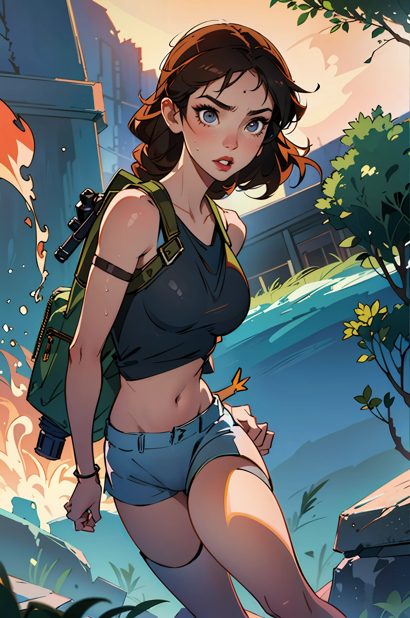 (best quality, masterpiece1.2), (detailed eye:1.2), complex detail, depth of field, 1girl, jungle, crop top, sweat, brown hair, exploration, good proportion, curvy, night, moon, backpack, (tomb raider: 1.2), (Lara Croft: 1.2), gun strap to leg, action, dynamic, (big fire), Bullets flying, temple, cameltoe, tight tank top