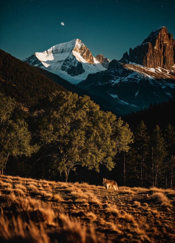 RAW photo of a lone wolf in a landscape, small details, realistic photo, ultra-realistic photo, 8k uhd, dslr, soft lighting, high quality, film grain, Fujifilm XT3, (masterpiece), landscape mode, night, high resolution, striking image