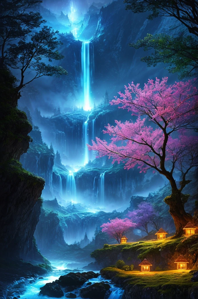 best quality, masterpiece, beautiful wild and natural fantasy landscape with glowing lights