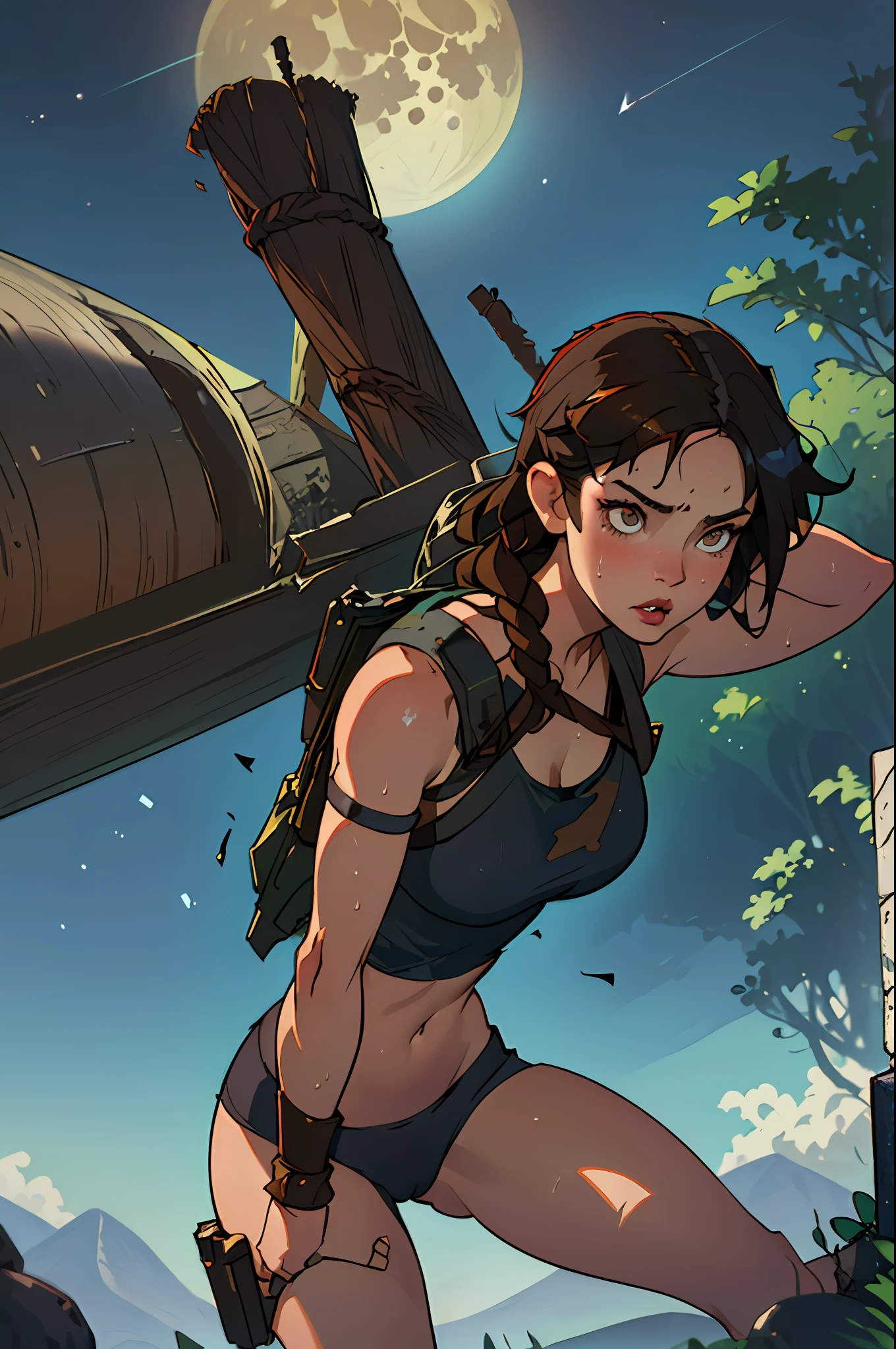 (best quality, masterpiece1.2), (detailed eye:1.2), complex detail, depth of field, 1girl, jungle, crop top, sweat, brown hair, exploration, good proportion, curvy, night, moon, backpack, (tomb raider: 1.2), (Lara Croft: 1.2), gun strap to leg, action, dynamic, (big fire), Bullets flying, temple, cameltoe, tight tank top, (ripped clothes), clothes tearing down, sweat, water