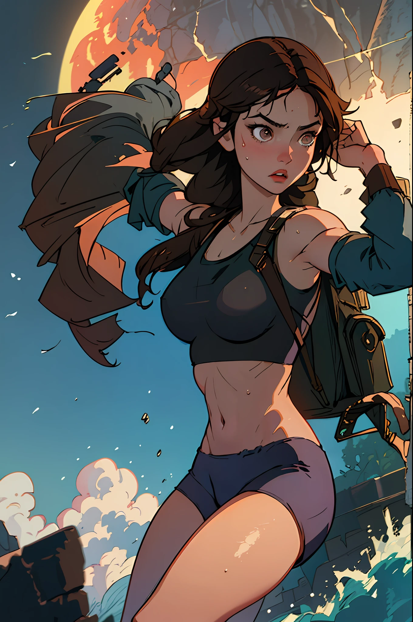 (best quality, masterpiece1.2), (detailed eye:1.2), complex detail, depth of field, 1girl, jungle, crop top, sweat, brown hair, exploration, good proportion, curvy, night, moon, backpack, (tomb raider: 1.2), (Lara Croft: 1.2), gun strap to leg, action, dynamic, (big fire), Bullets flying, temple, cameltoe, tight tank top, (ripped clothes), clothes tearing down, sweat, water