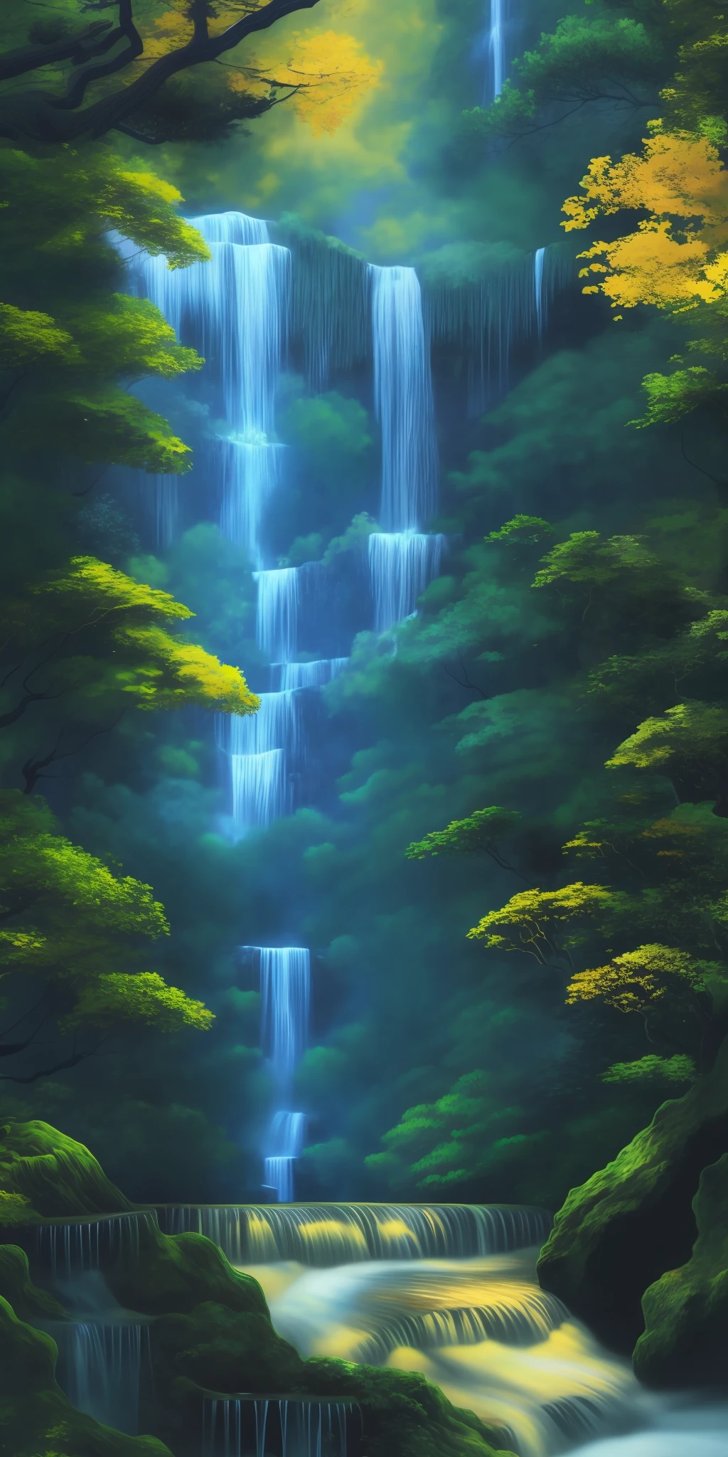 Van Gogh, van Gogh color palette, Van Gogh drawing colors, drawing style equal to Van Gogh's, Van Gogh style, A closeup of a waterfall in a forest with a rock in the foreground, stunning waterfall, forest and waterfall, beautiful stunning waterfall, alien waterfall, an endless waterfall, peaceful beautiful waterfall, vertical wallpaper, floating waterfalls, 4k vertical wallpaper, with trees and waterfalls, 4k vertical wallpaper, various waterfalls, beautiful waterfall, 8k vertical wallpaper, 8k vertical wallpaper