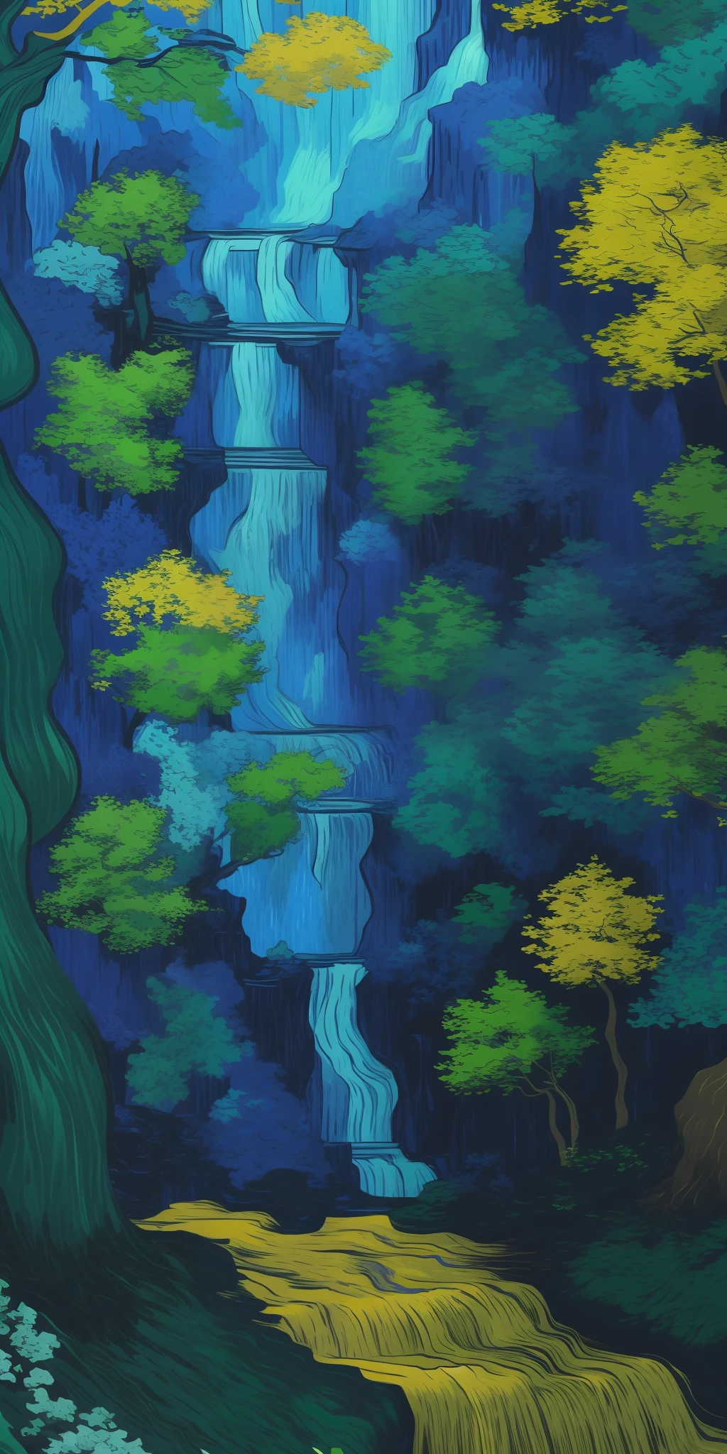 Van Gogh, van Gogh color palette, Van Gogh drawing colors, drawing style equal to Van Gogh's, Van Gogh style, A closeup of a waterfall in a forest with a rock in the foreground, stunning waterfall, forest and waterfall, beautiful stunning waterfall, alien waterfall, an endless waterfall, peaceful beautiful waterfall, vertical wallpaper, floating waterfalls, 4k vertical wallpaper, with trees and waterfalls, 4k vertical wallpaper, various waterfalls, beautiful waterfall, 8k vertical wallpaper, 8k vertical wallpaper