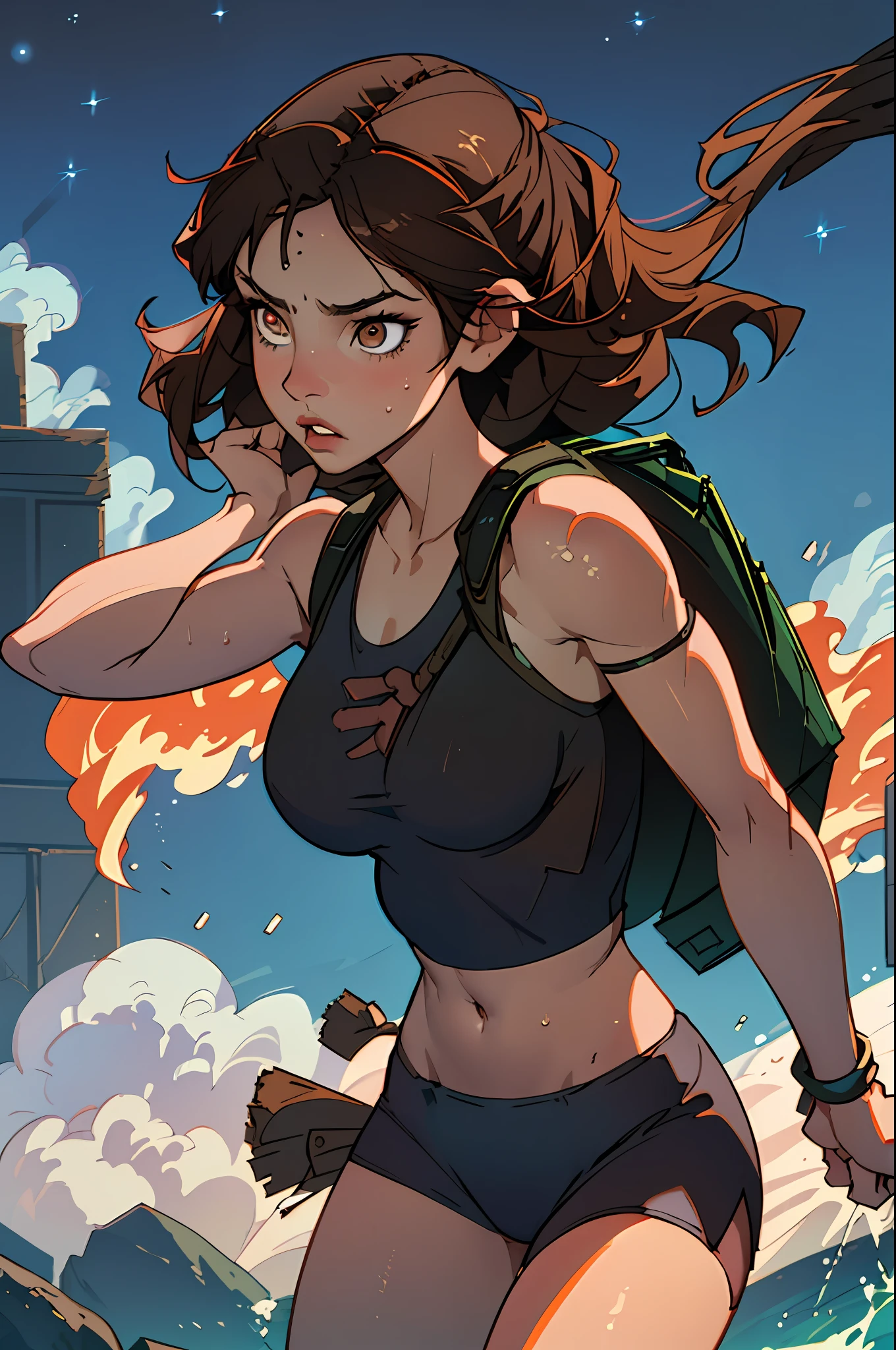 (best quality, masterpiece1.2), (detailed eye:1.2), complex detail, depth of field, 1girl, jungle, crop top, sweat, brown hair, exploration, good proportion, curvy, night, moon, backpack, (tomb raider: 1.2), (Lara Croft: 1.2), gun strap to leg, action, dynamic, (big fire), Bullets flying, temple, cameltoe, tight tank top, (ripped clothes), clothes tearing down, sweat, water