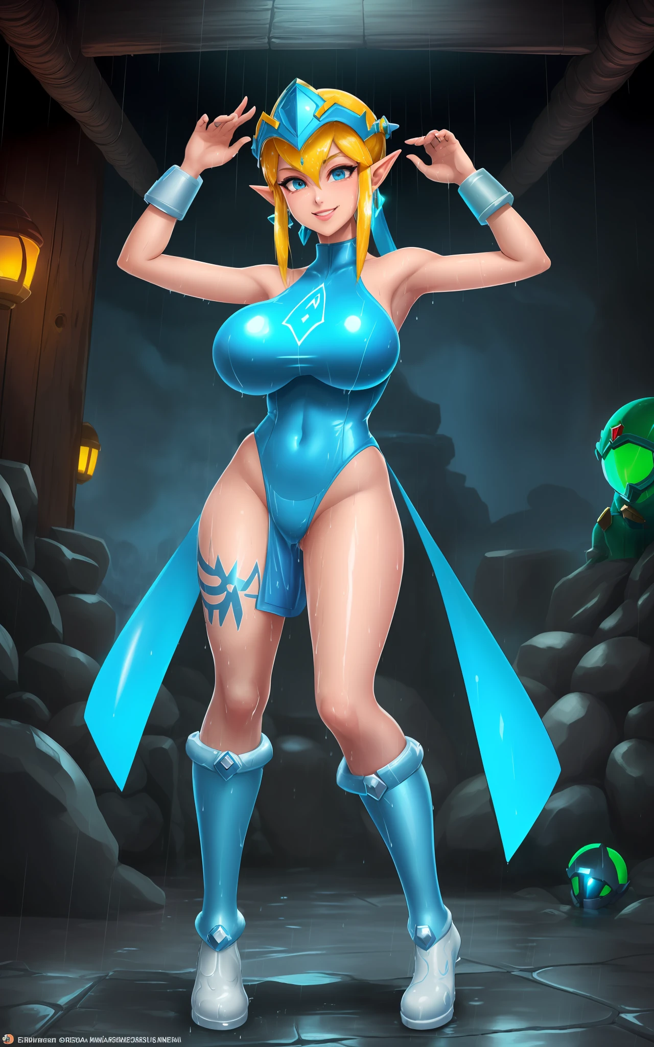 ((1Princess Zelda/Mega Man-X/Samus Aran/helmet on the head/doing exhibitionist poses/huge breasts/short mohawk hair/full body tattoos/leser cannon attached to the non-right/extremely wet/looked at the viewer with a manic smile. Background:Futuristic masmora with all wet because of rain/raining very hard inside the dungeon),Max Resolution/Sharpness/Quality/Detail.