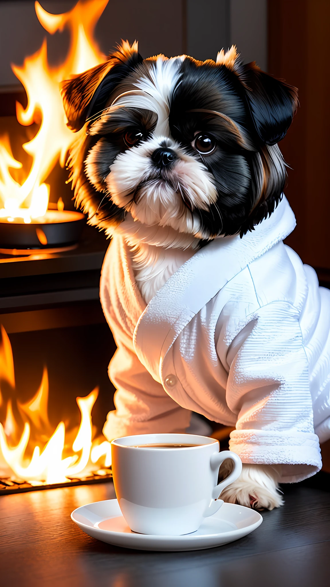 (Shih-tzu dog:1.3) holding a cup of coffee, sitting, in a bathrobe, eating breakfast and holding a cup of coffee, particles, diffuse lighting, room burning, burning floor and chair, many gadgets and equipment, equipment are on fire, smoke, flames around,