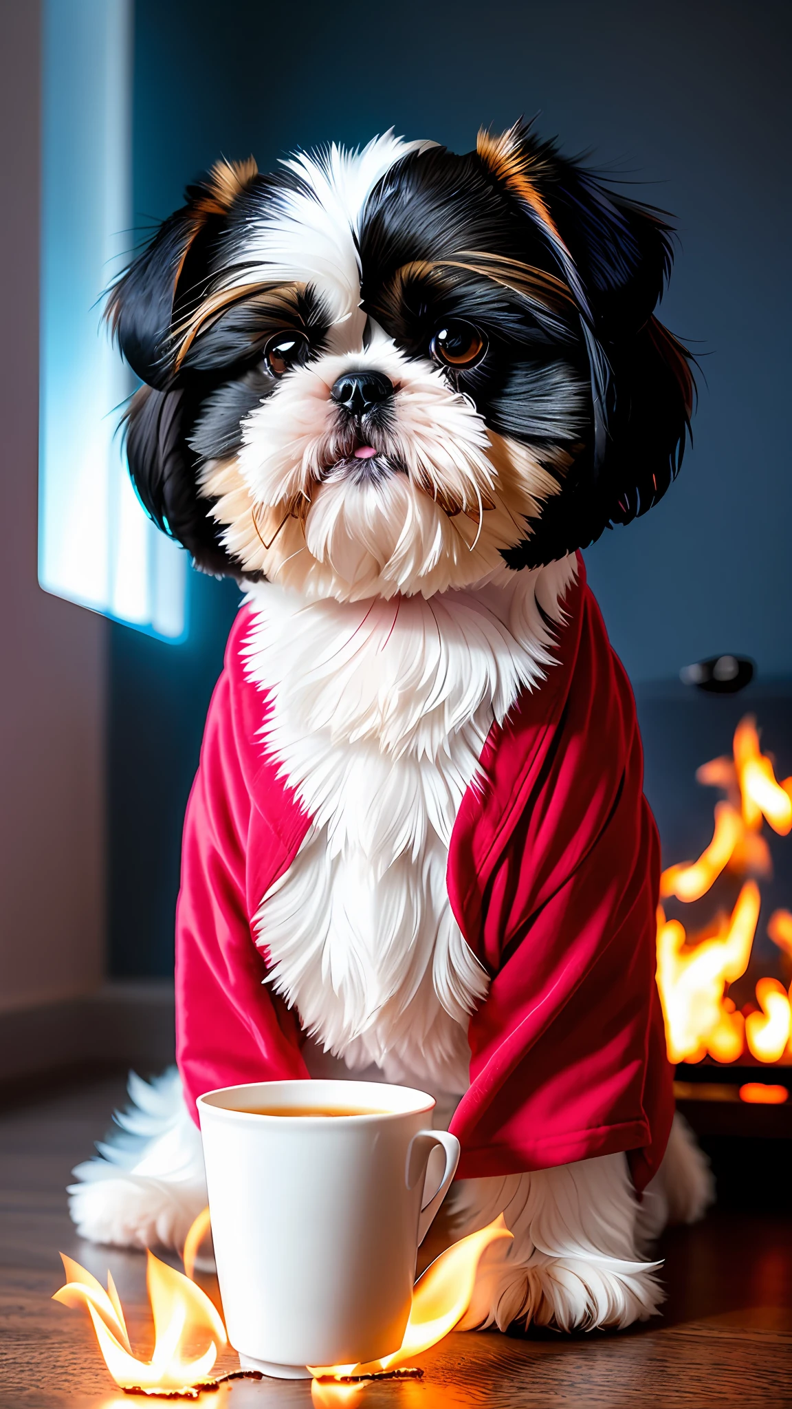 (Shih-tzu dog:1.3) holding a cup of coffee, sitting, in a bathrobe, eating breakfast and holding a cup of coffee, particles, diffuse lighting, room burning, burning floor and chair, many gadgets and equipment, equipment are on fire, smoke, flames around,