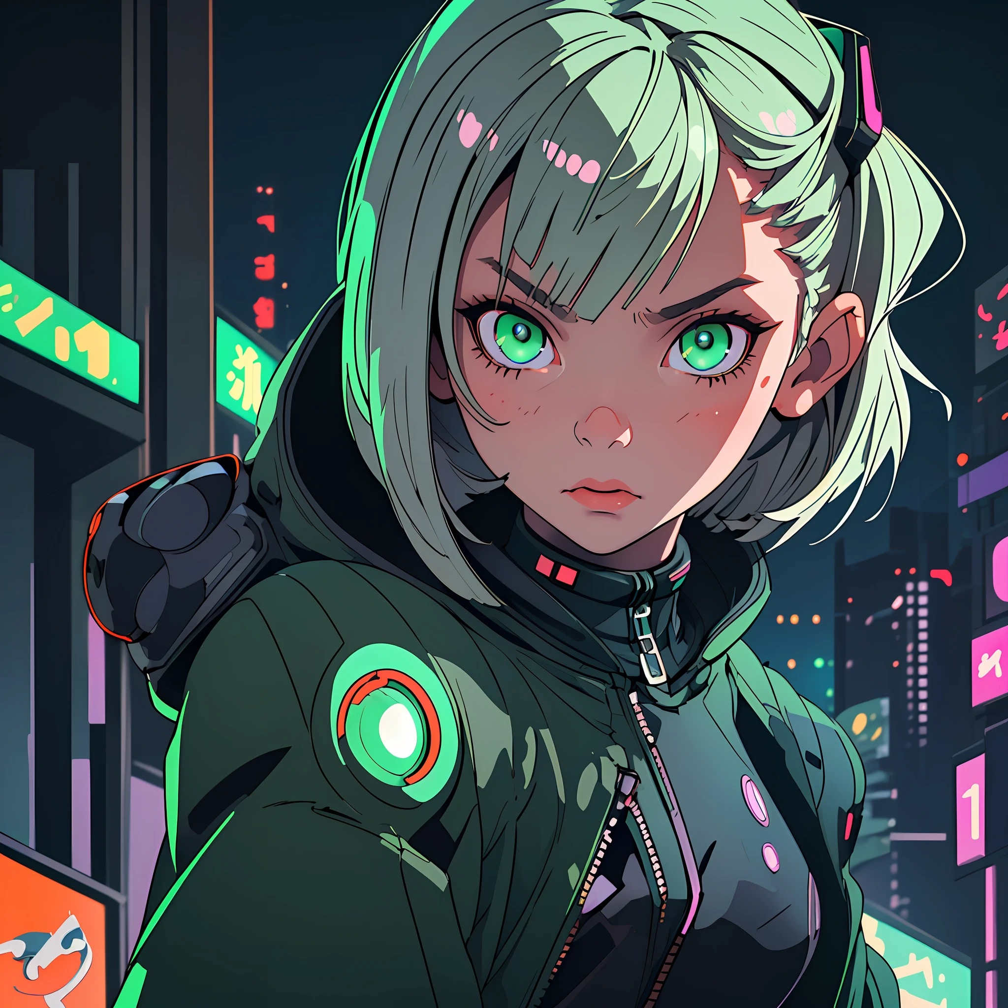 (best quality, masterpiece) Cute  chibi girl in a technological suit, green eyes, cat pupil, gray hair, bob haircut, close-up, upper half of the body, waist-deep, against the background of neon city, looking at the viewer, cyberpunk, night, illustration, harsh look