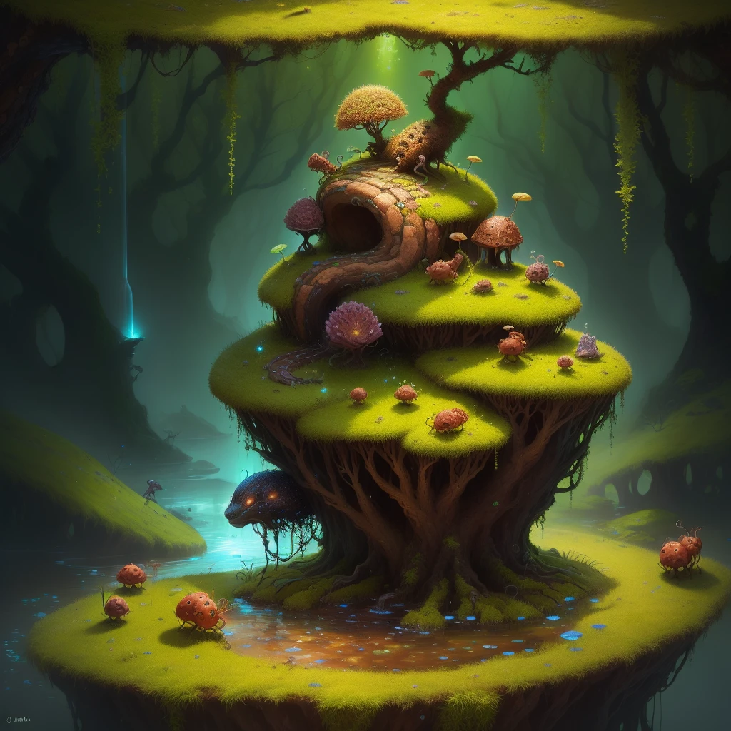 Cute anthill with moss and cute glowing ants sitting on top, fantasy, art, water