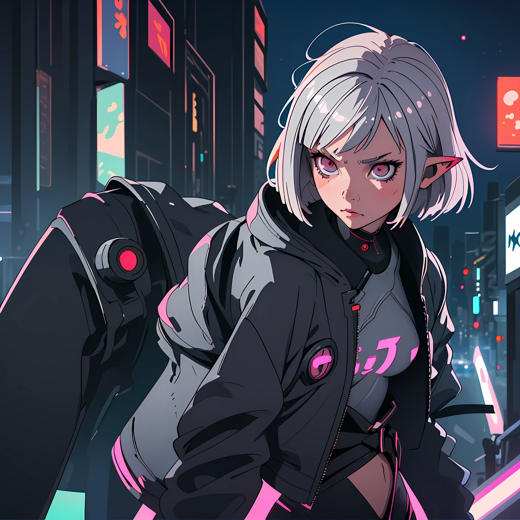 (Best Quality, Masterpiece) Cute little chibi girl in a technological suit, gray hair, bob haircut, vampire, pointed ears, close-up, upper half of the body, waist-deep, against the background of neon city, looking at the viewer, cyberpunk, night, illustration, harsh look