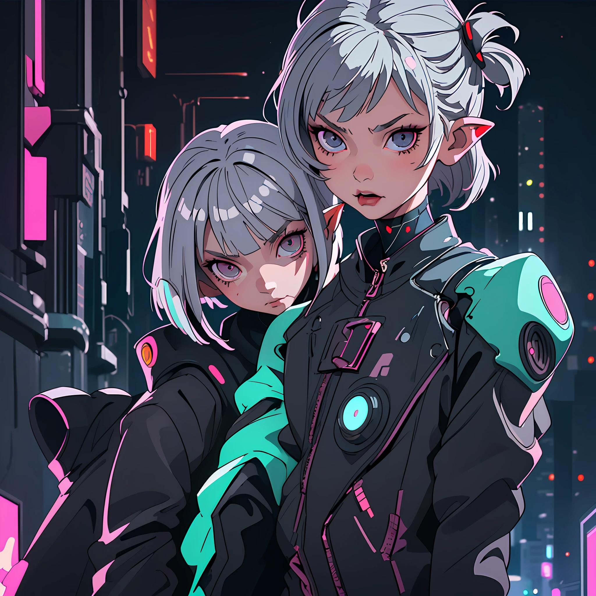 (Best Quality, Masterpiece) Cute little chibi girl in a technological suit, gray hair, bob haircut, vampire, pointed ears, close-up, upper half of the body, waist-deep, against the background of neon city, looking at the viewer, cyberpunk, night, illustration, harsh look